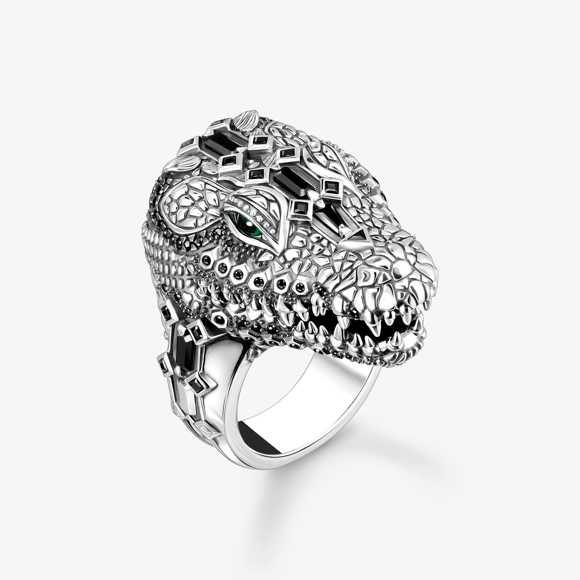 THOMAS SABO Ring Krokodilkopf mit schwarzen und grünen Steinen Silber geschwärzt, 925 Sterlingsilber geschwärzt, Größe: 62, Unisex