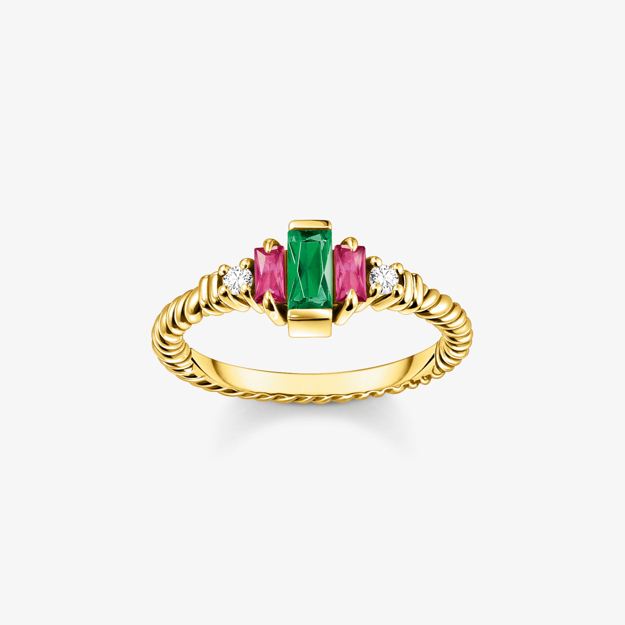 THOMAS SABO Bague maille corde avec pierres verte et rouges plaqué or Argent Sterling 925‰ doré or jaune 18 carats , Taille: 54, pour femme