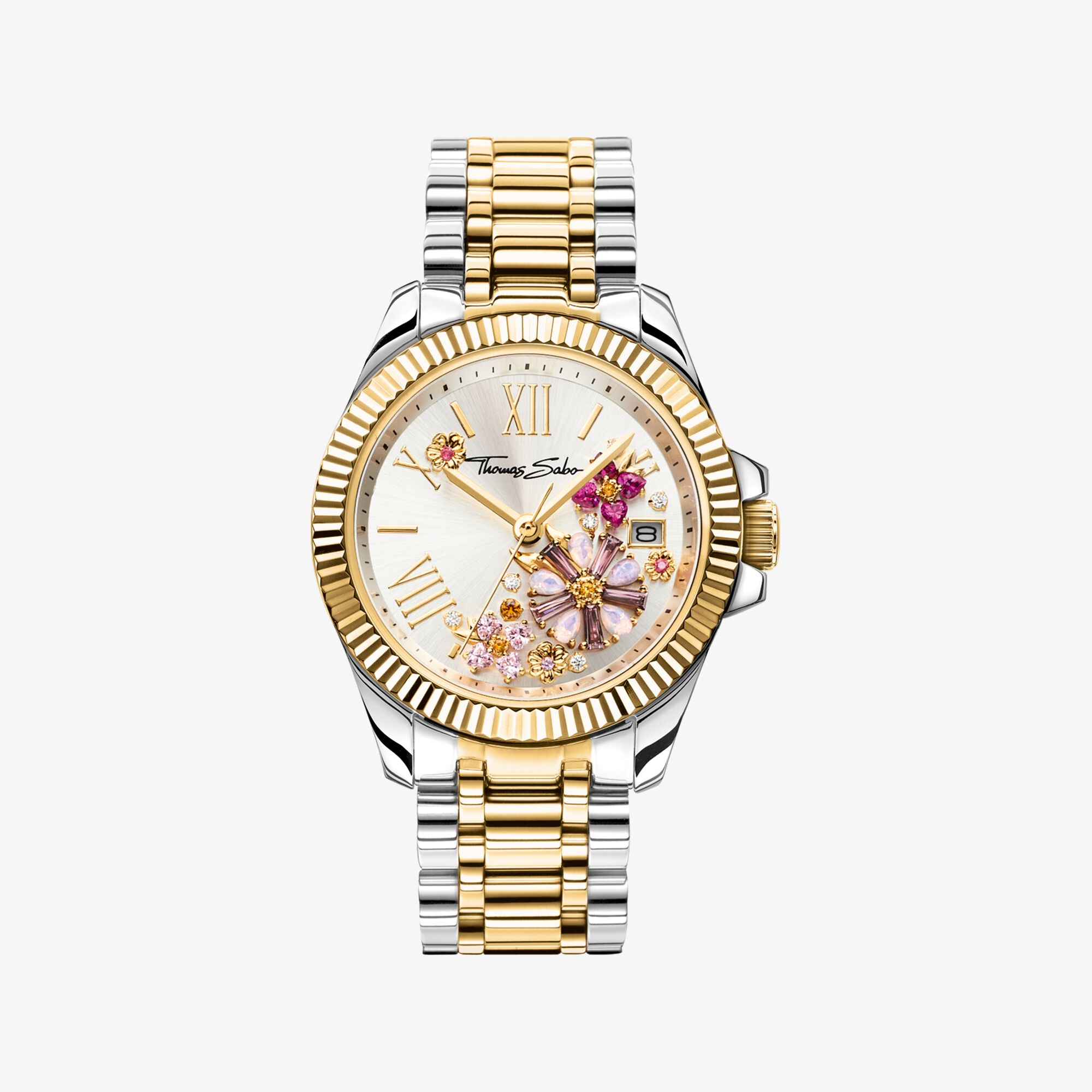 THOMAS SABO Montre pour femme fleurs en pierres roses bicolores Acier inoxydable, Taille: 33 MM, pour femme