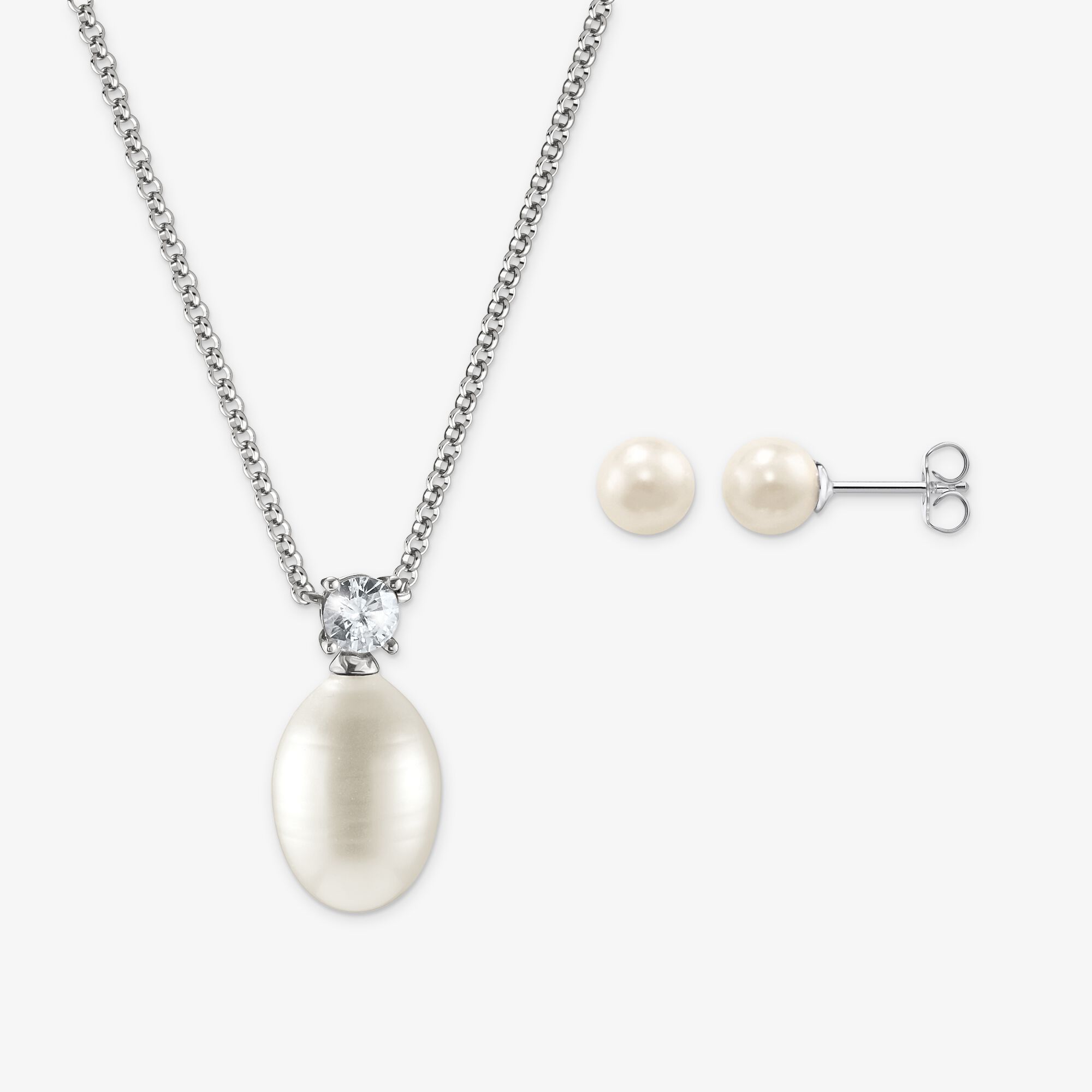 THOMAS SABO Schmuck-Set Ohrstecker & Kette Perle weiß Silber, Unisex, LOOK26-04-002