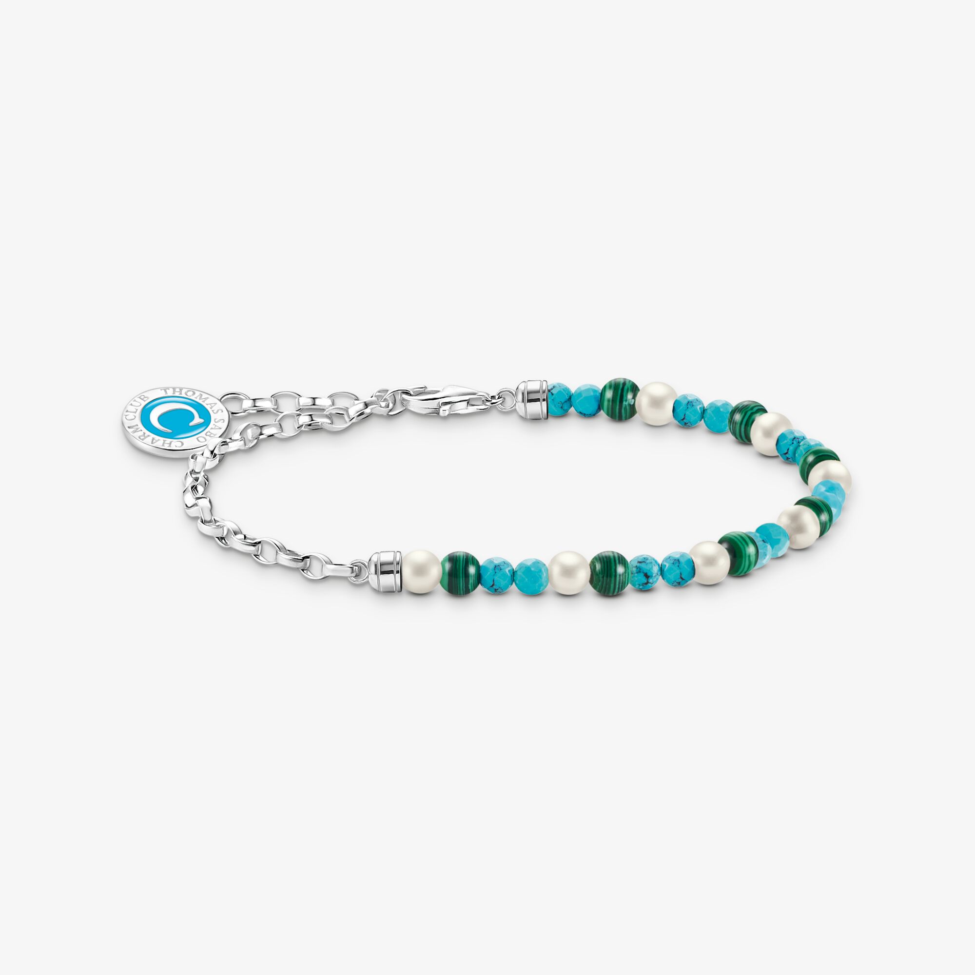 THOMAS SABO Bracelet Charm avec perles blanches, malachite et médaille argent, Argent sterling, Taille: L13V, femme
