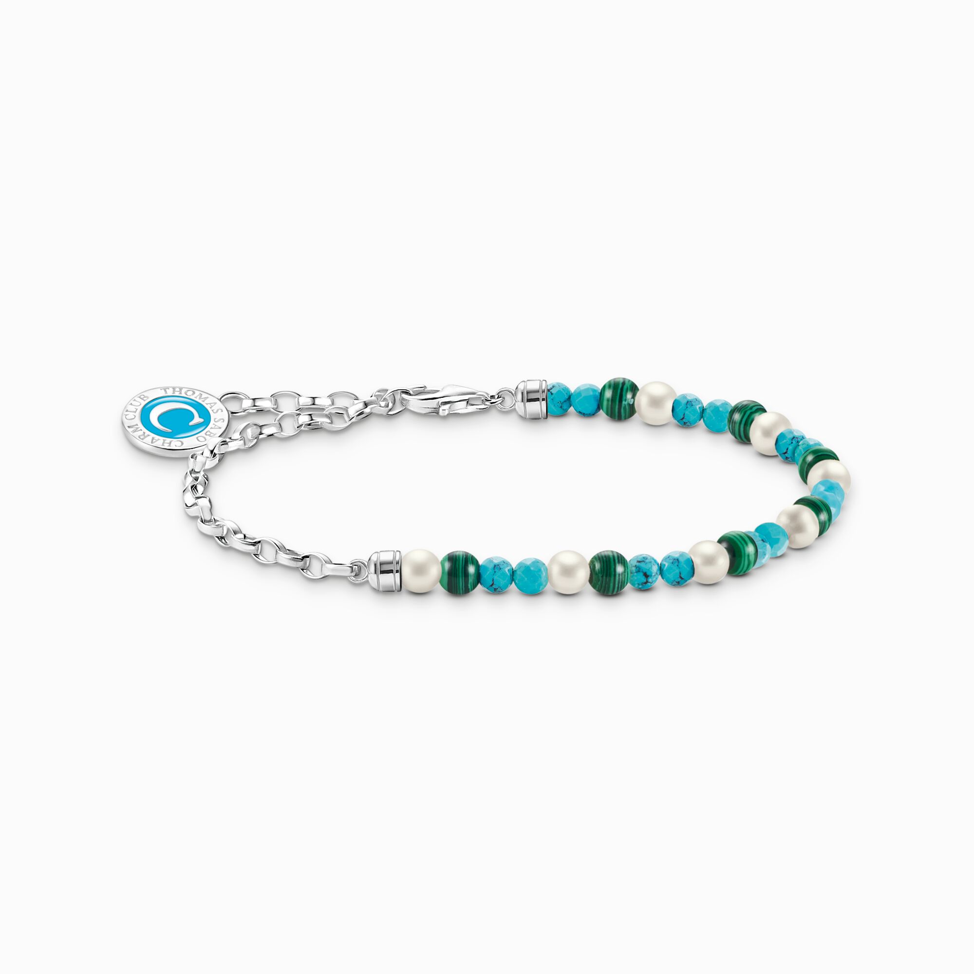 Member Charm bracelet with white pearls, malachite and Charmista disc silver from the Charm Club collection in the THOMAS SABO online store
