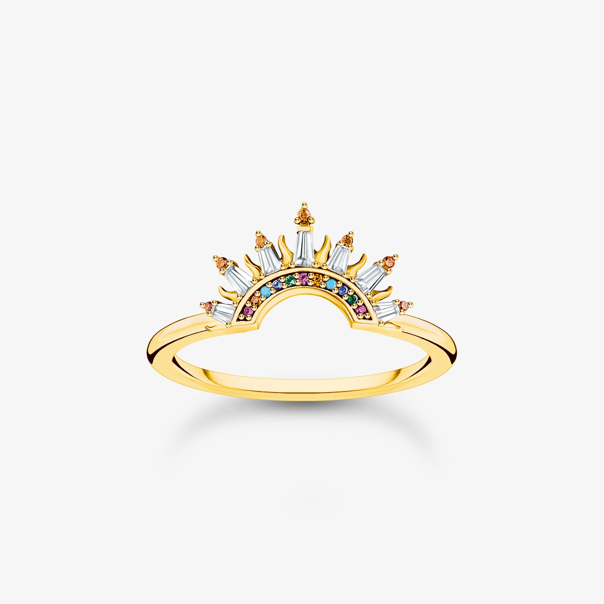 THOMAS SABO Ring mit Sonnenstrahlen und bunten Steinen vergoldet, 925 Sterlingsilber vergoldet Gelbgold, Größe: 50, Damen