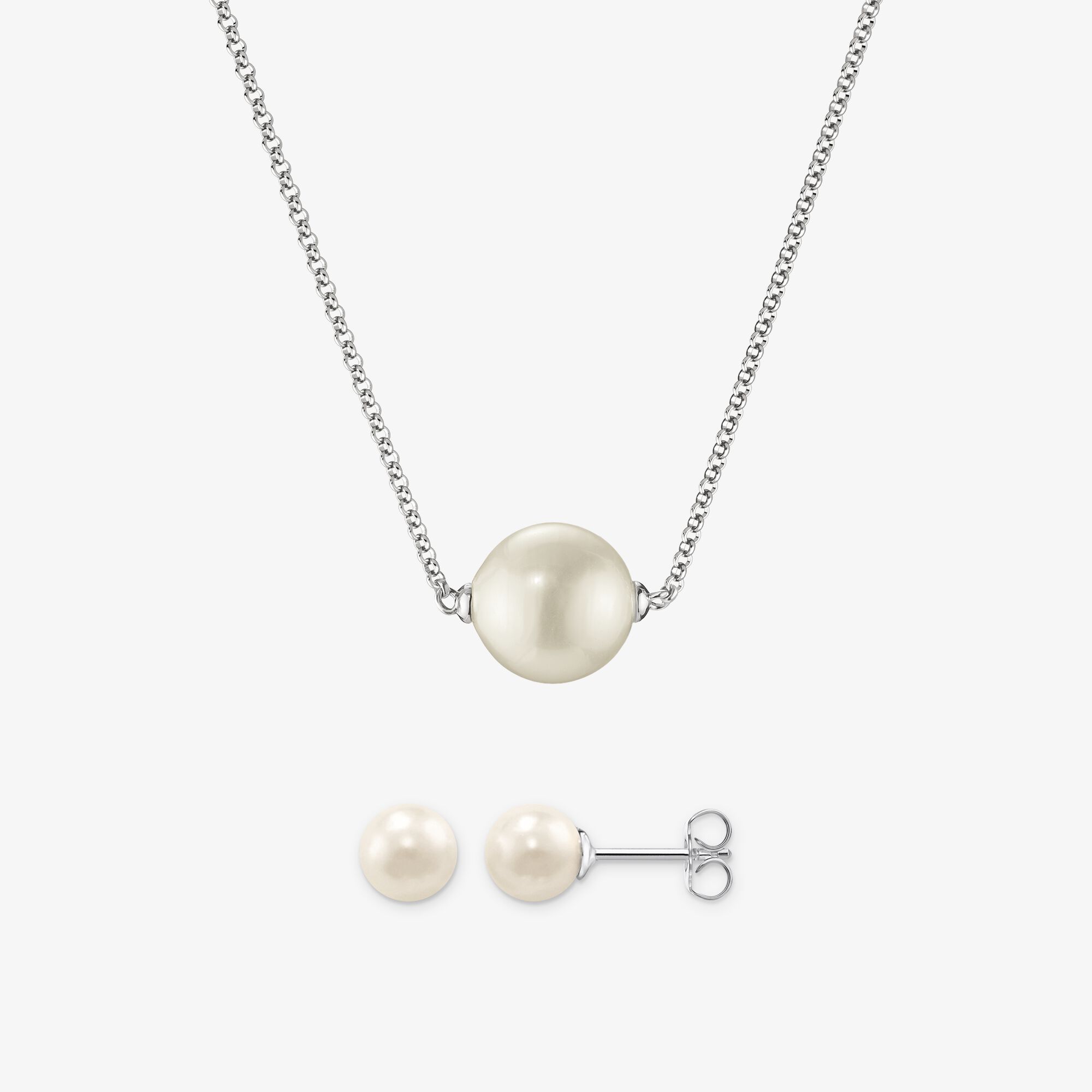 THOMAS SABO Schmuck-Set Ohrstecker & Kette Perle weiß Silber, Unisex, LOOK26-04-006