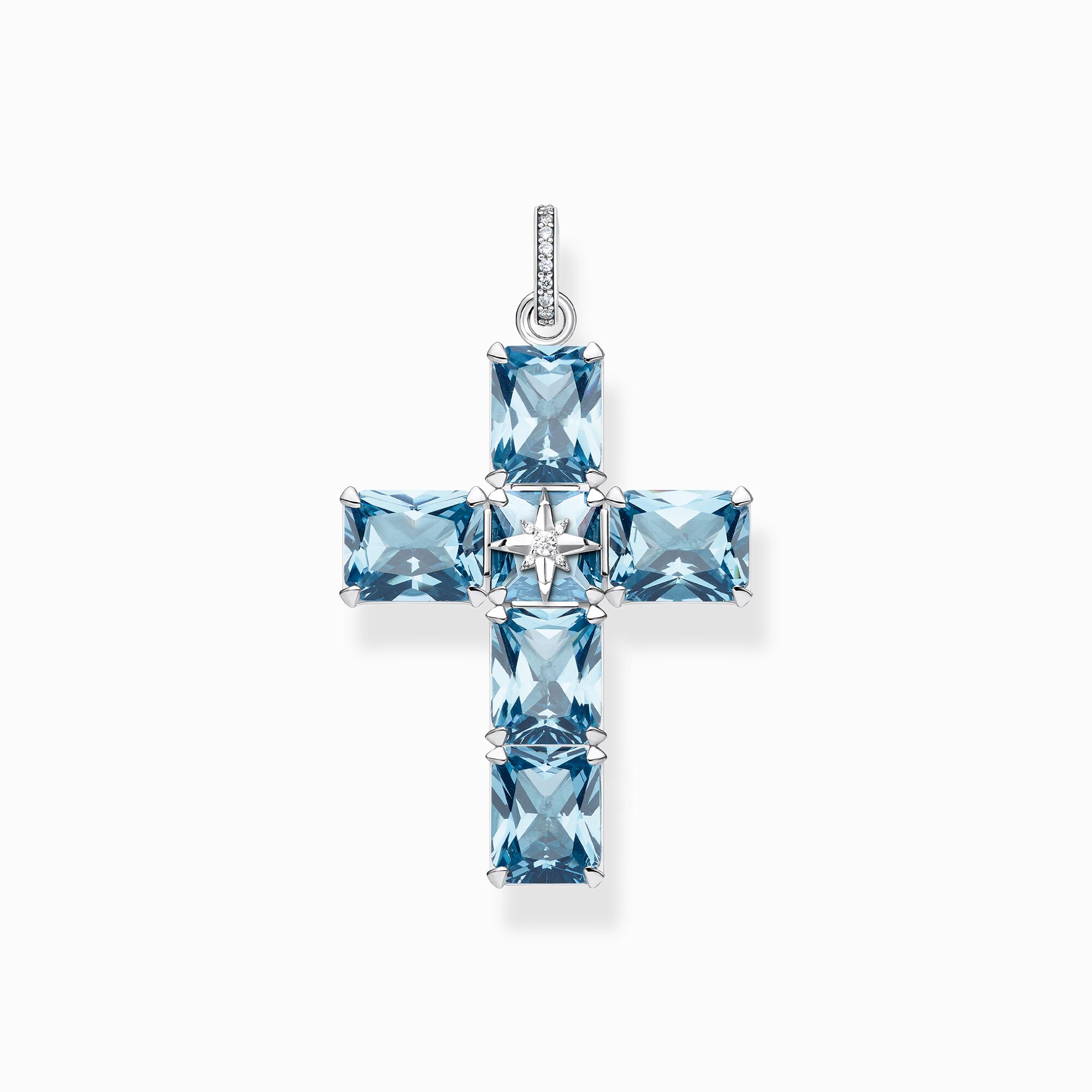 Pendant cross with large aquamarine-coloured stones and star silver from the  collection in the THOMAS SABO online store
