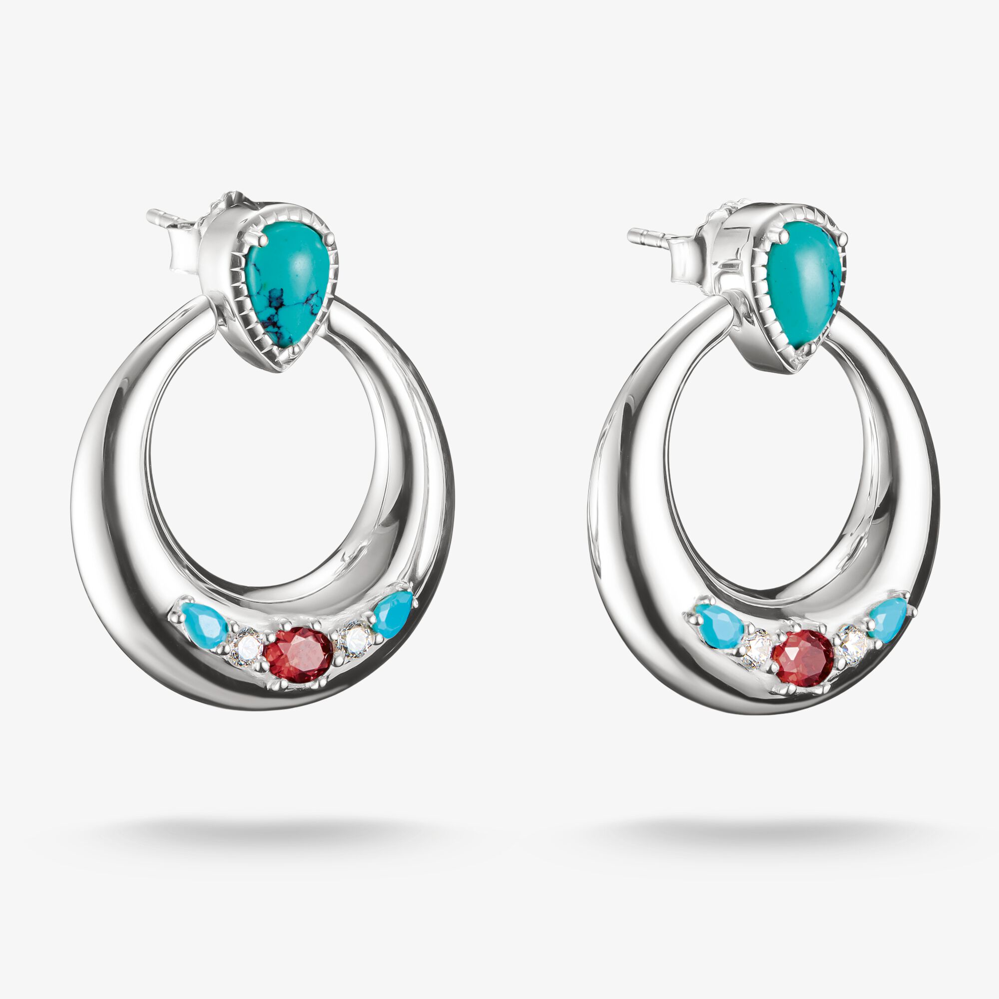 THOMAS SABO Boucles d'oreilles en forme de demi-créole Turquoise, pierres blanches et rouges Argent, Argent sterling, Taille: one size, femme