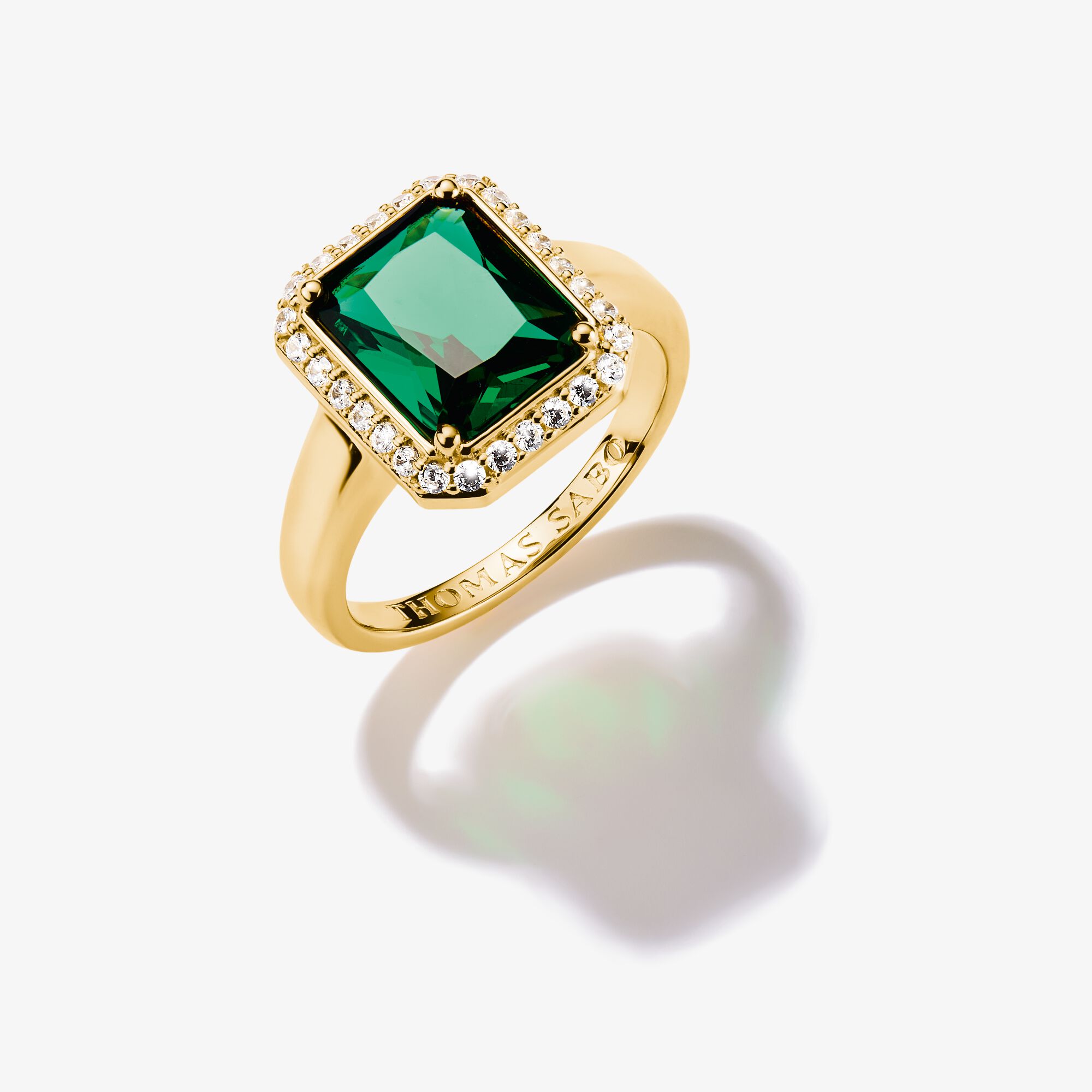 THOMAS SABO Bague avec pierre octogonale verte Plaqué or 18 carats Argent sterling doré or jaune, Taille: 60, pour femme