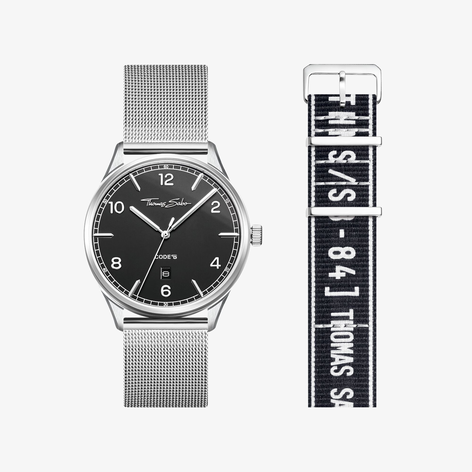THOMAS SABO Set Code TS svart klocka & svart armband i urban stil silverfärgad, rostfritt stål, Storlek: 40 MM, Unisex