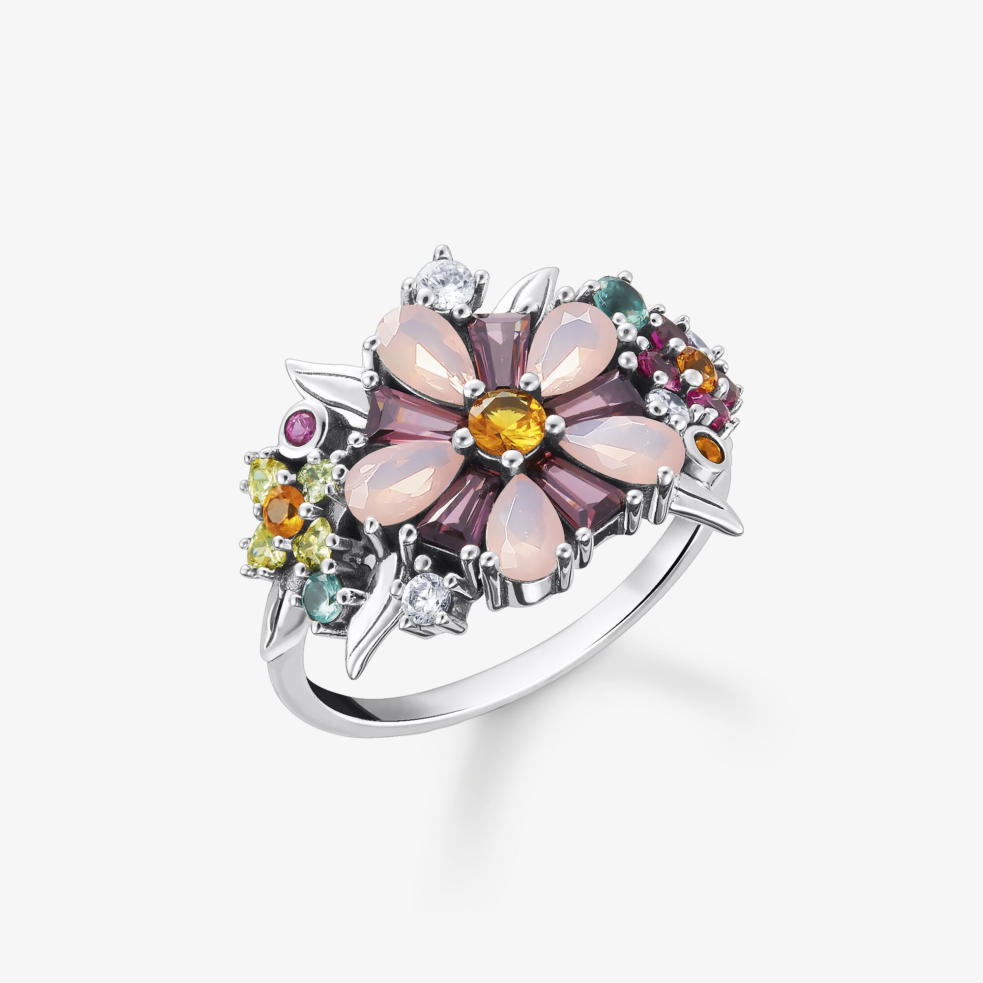THOMAS SABO Bague fleurs pierres multicolores argent Argent Sterling 925‰, noirci , Taille: 54, pour femme