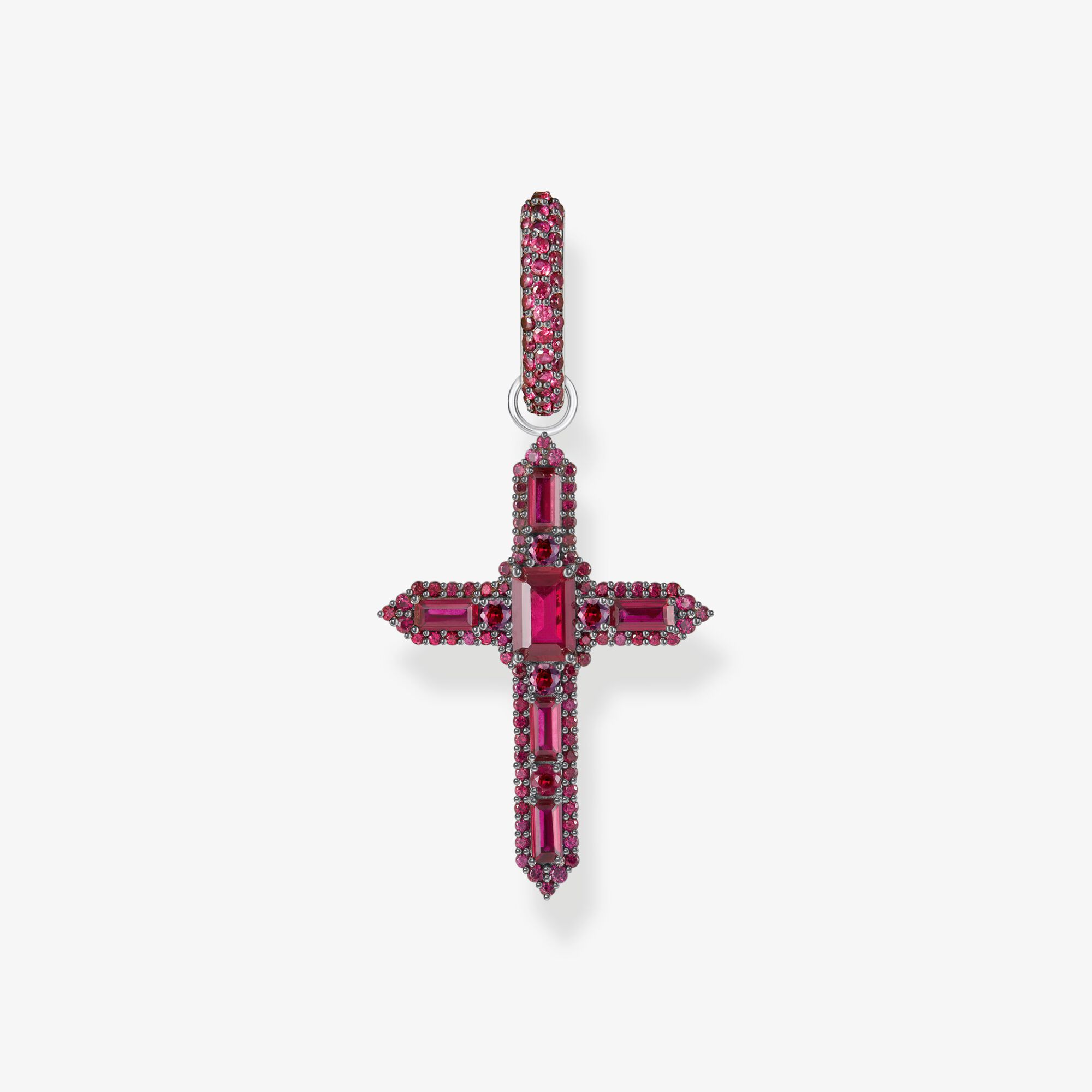 THOMAS SABO Einzel-Creole mit Kreuzanhänger und rubinroten Steinen Silber geschwärzt, Sterlingsilber, Größe: one size, Damen