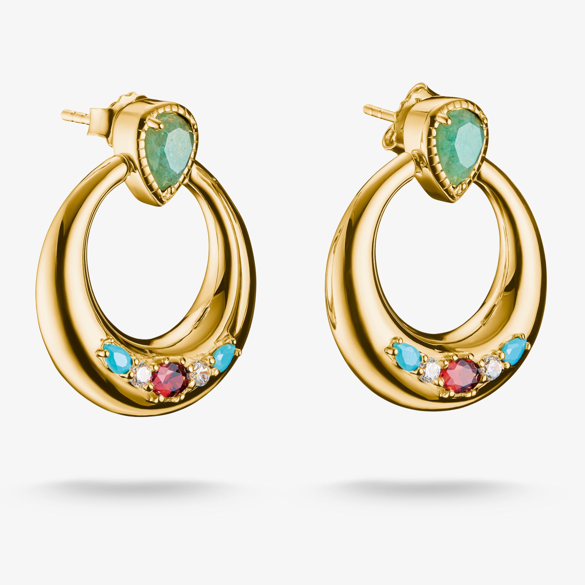THOMAS SABO Boucles d'oreilles en forme de demi-créole Pierres vertes, blanches et rouges Plaqué or 18 carats, Argent sterling doré or jaune, Taille: 