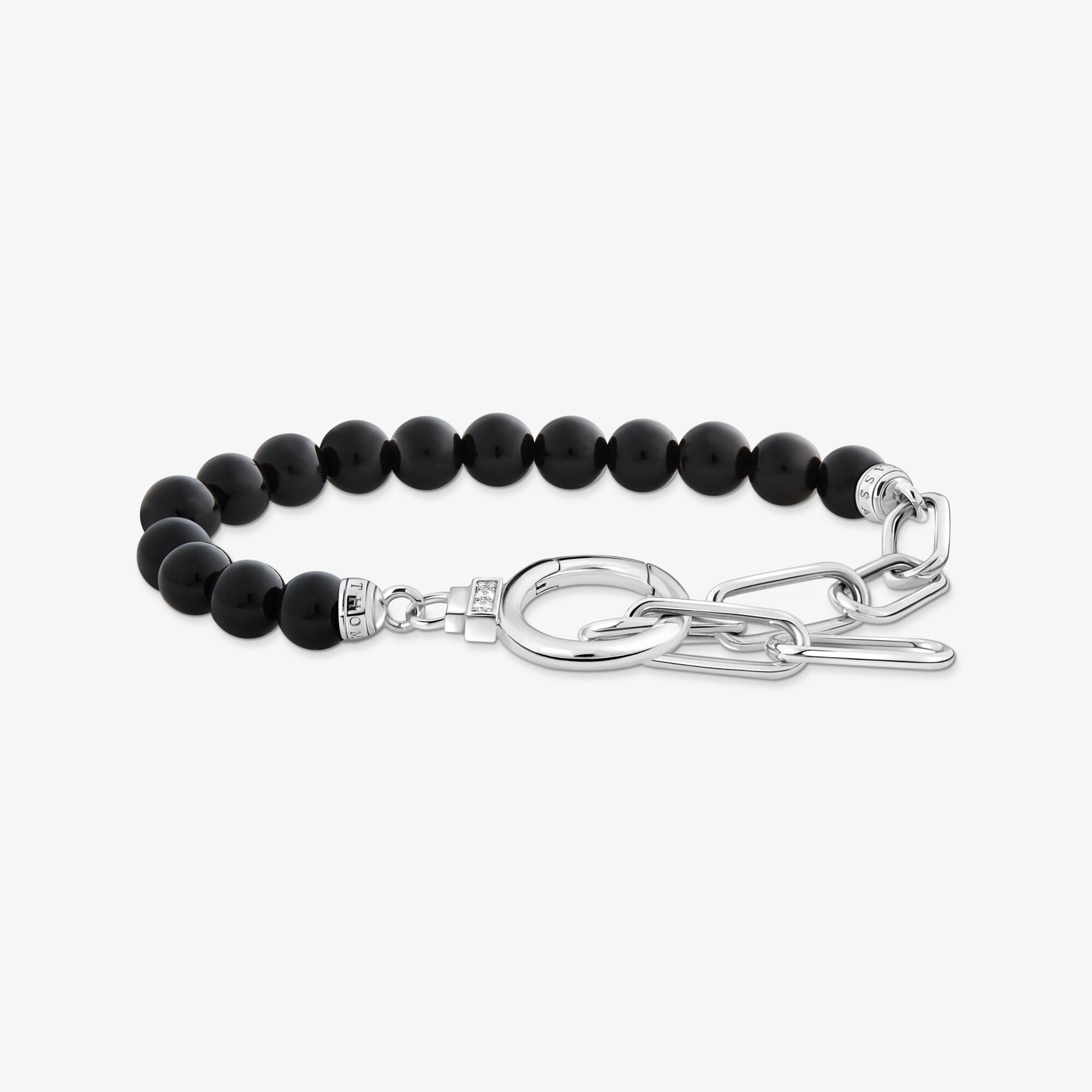 THOMAS SABO Armband aus Onyx-Beads und Ankerelementen mit weißen Steinen Silber, Sterlingsilber, Größe: 19 cm, Damen