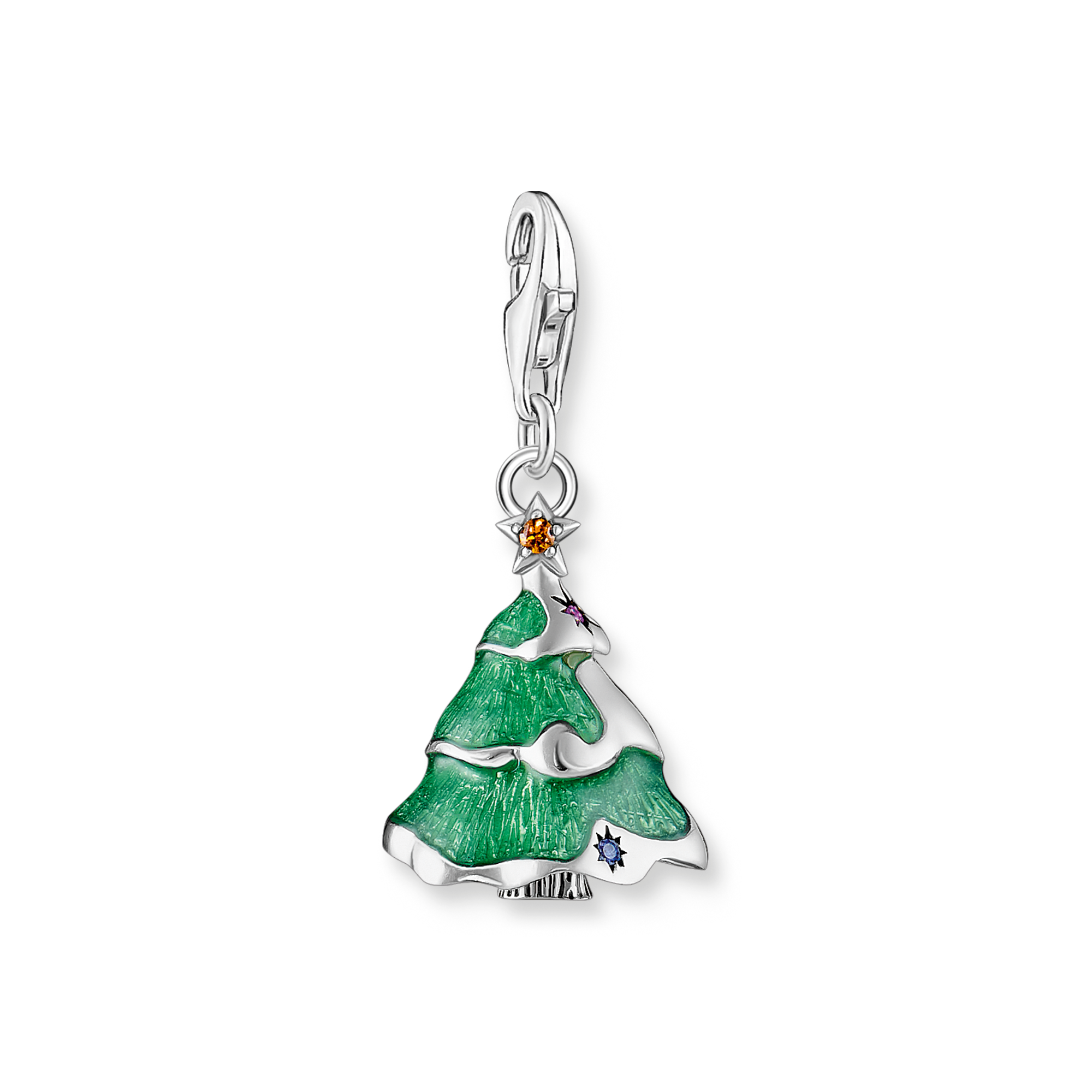 Silver Christmas Tree Charm Pendant with Enamel & Gemstones