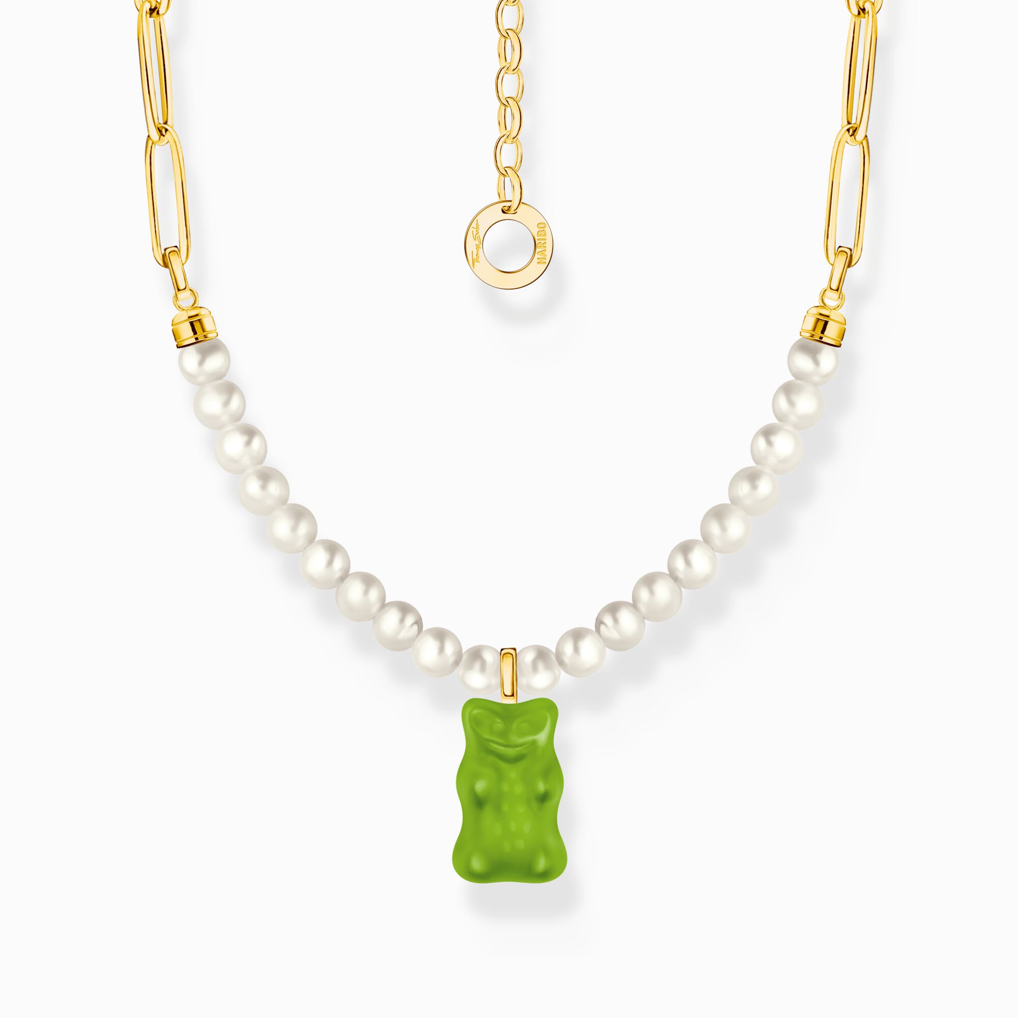 Gold-plated link necklace with green goldbears &amp; freshwater pearls from the Charming Collection collection in the THOMAS SABO online store