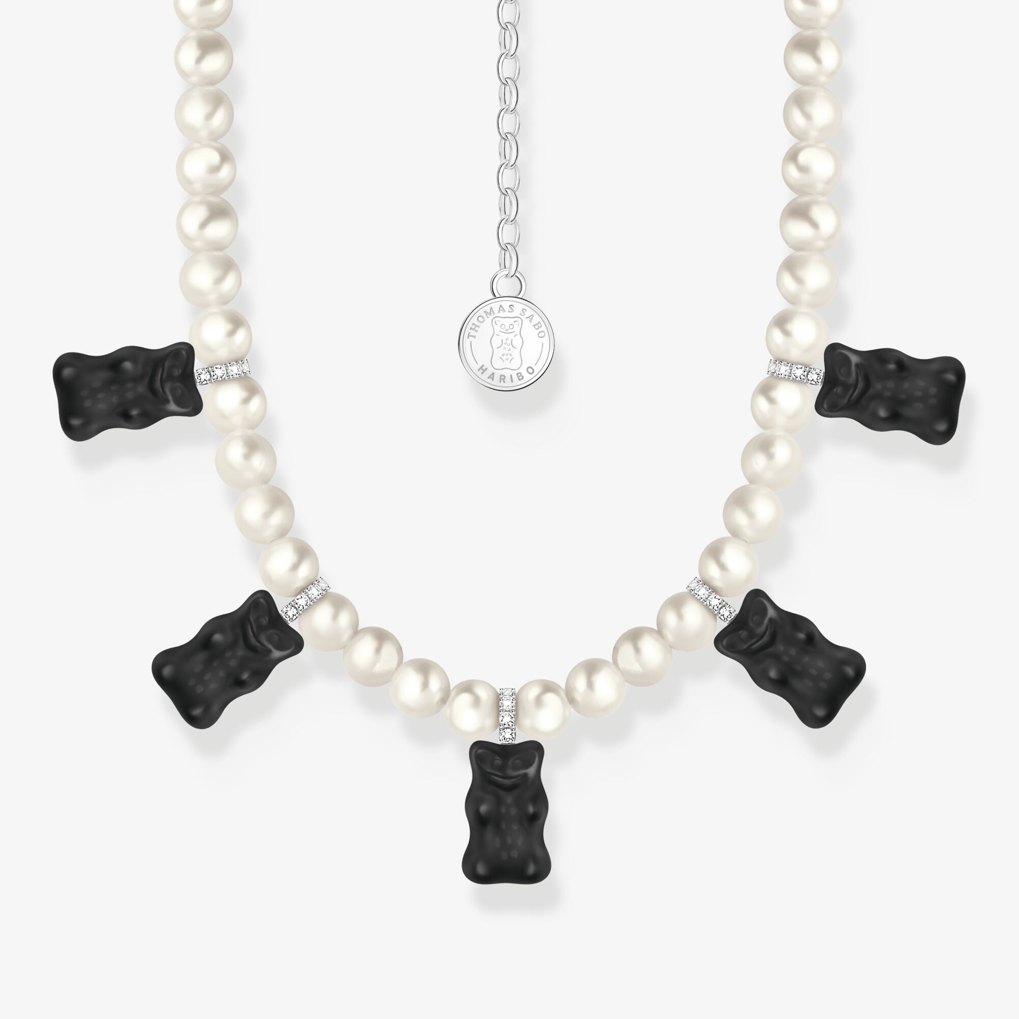 THOMAS SABO Perlenkette mit 5 schwarzen Goldbären Silber, Sterlingsilber , Größe: 50 cm, Damen