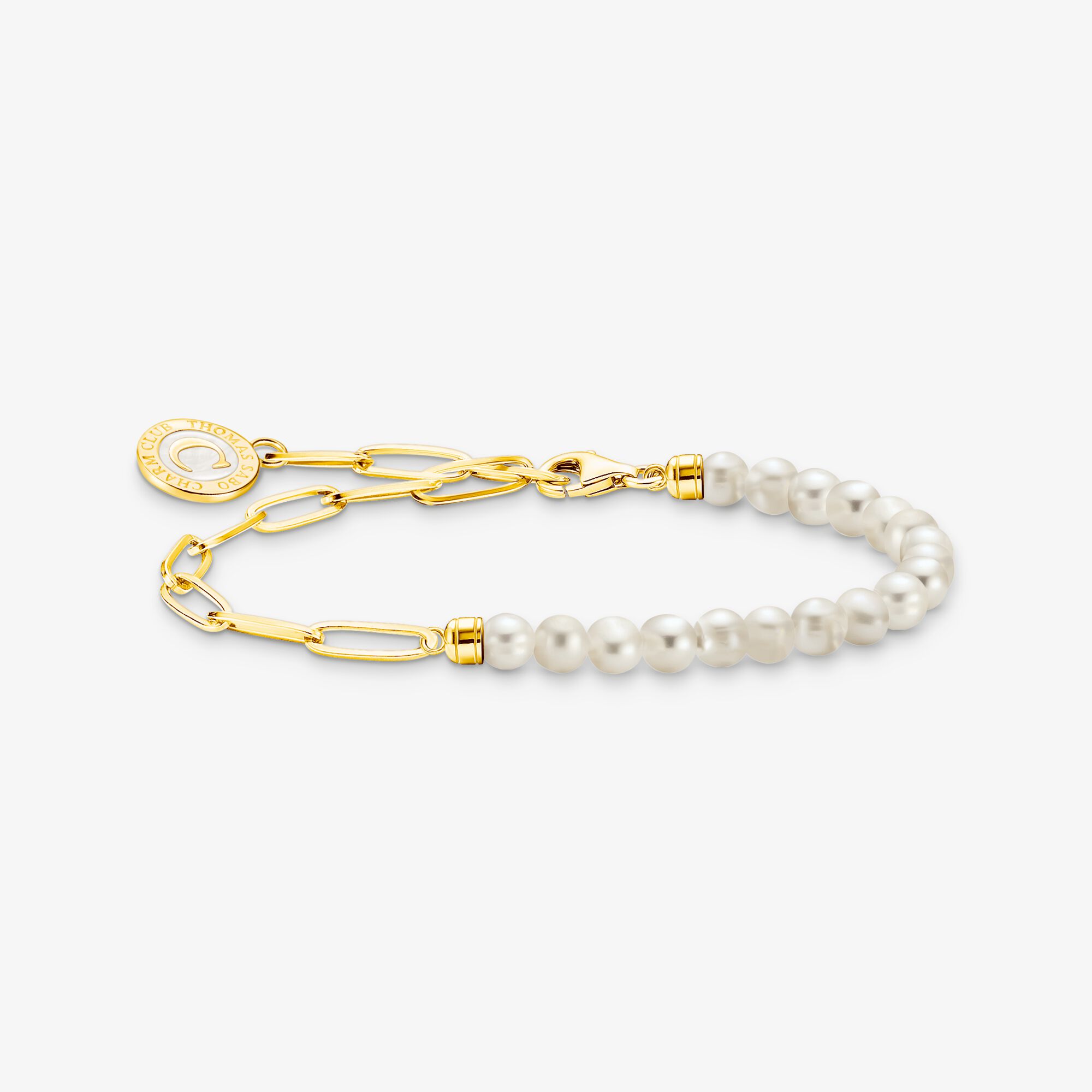 THOMAS SABO Bracelet Charm avec perles blanches et médaille plaqué or, Argent sterling doré or jaune, Taille: 19 cm, femme