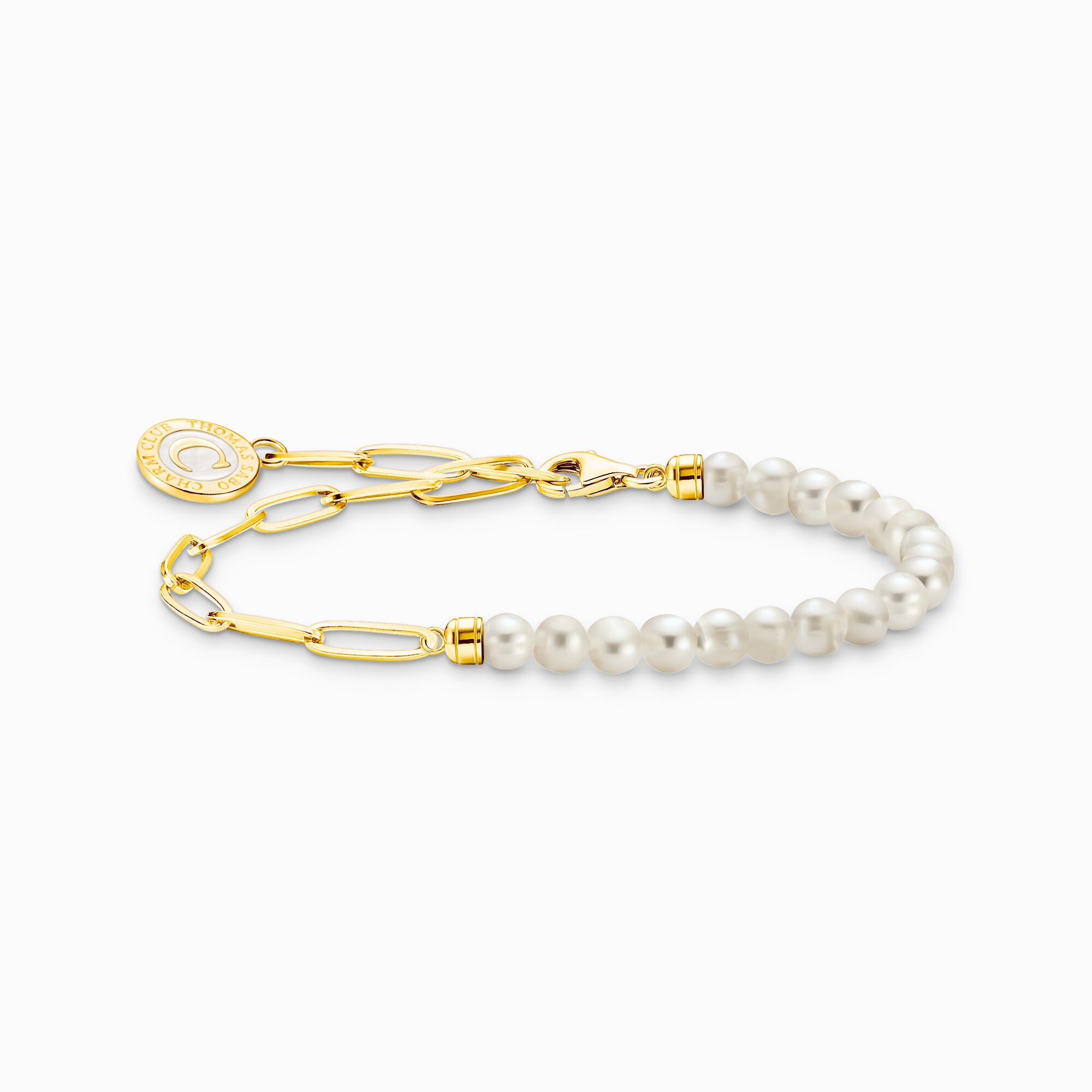 Membre Bracelet Charm avec perles blanches et Charmista m&eacute;daille plaqu&eacute; or de la collection Charm Club dans la boutique en ligne de THOMAS SABO