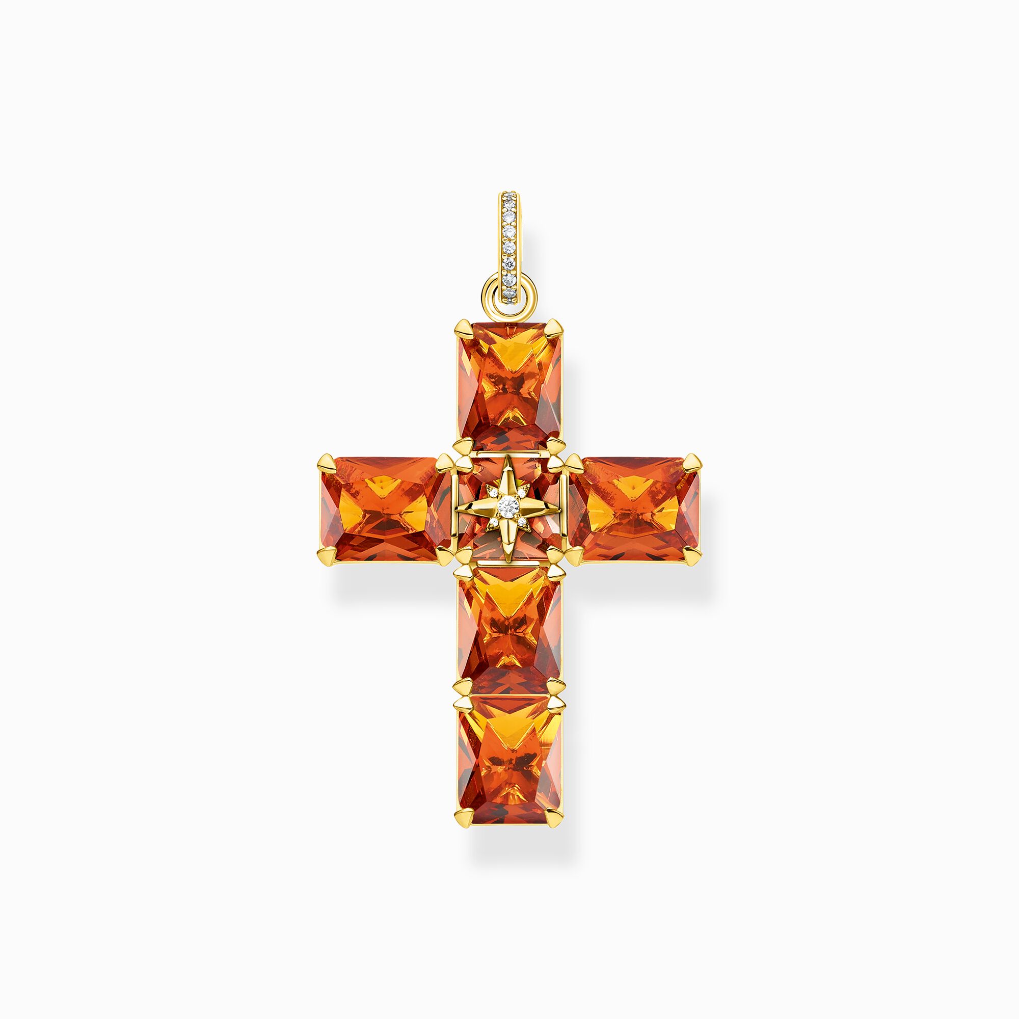 Colgante cruz con piedras grandes naranja y estrella chapado en oro de la colección  en la tienda online de THOMAS SABO