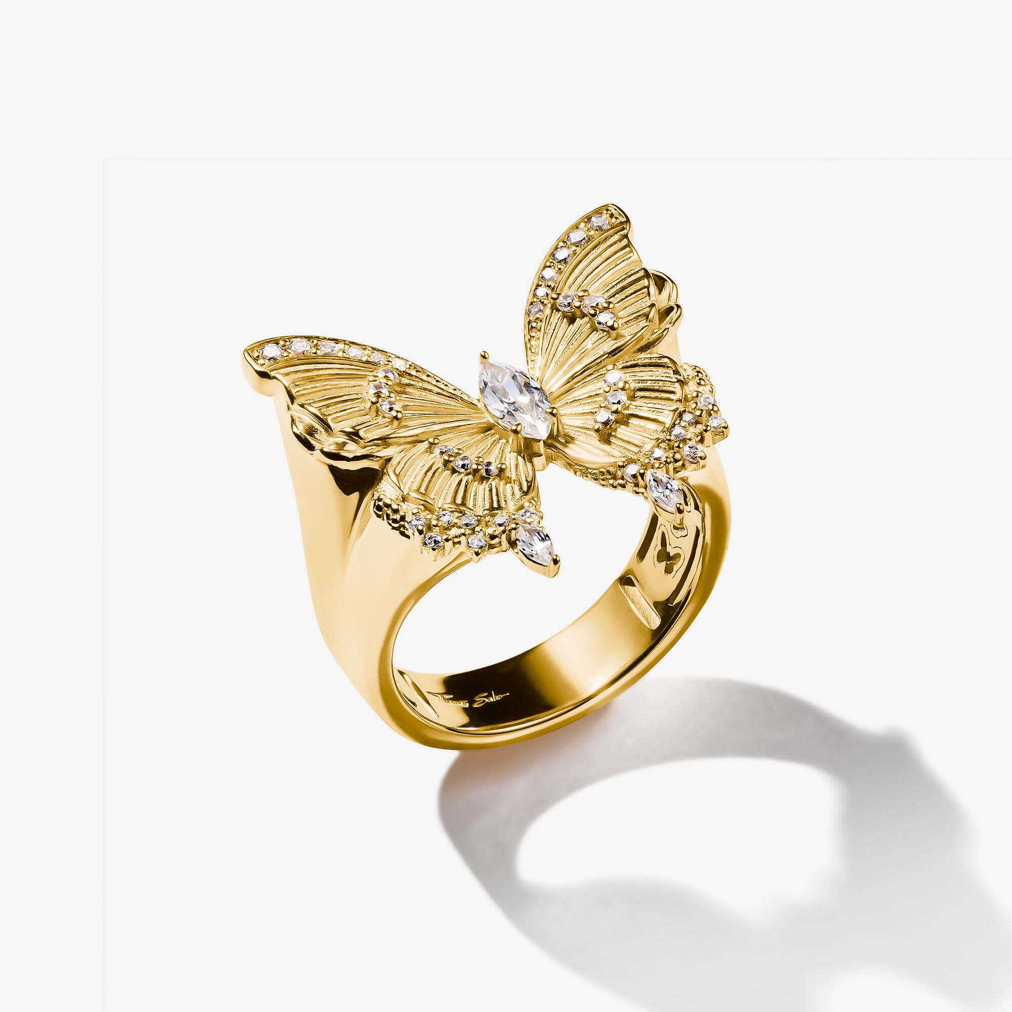 THOMAS SABO Fjäril Butterfly Paradise cocktailring med guldpläterade stenar, 925 sterlingsilver guldpläterat gult guld, Storlek: 56, för damer