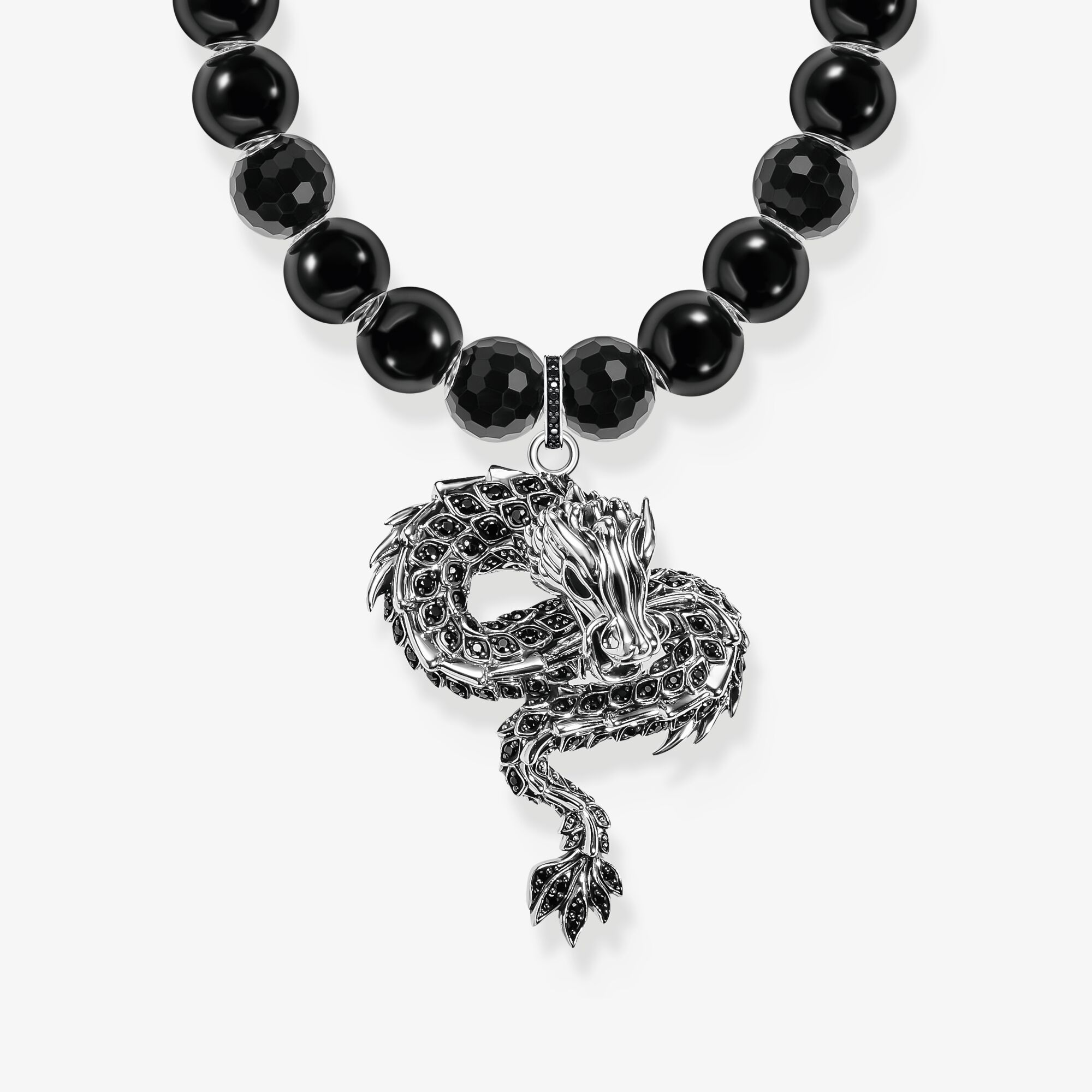 THOMAS SABO Collier argent noirci, perles d'obsidienne avec pendentif dragon Argent sterling, Taille: 70 cm, Unisex