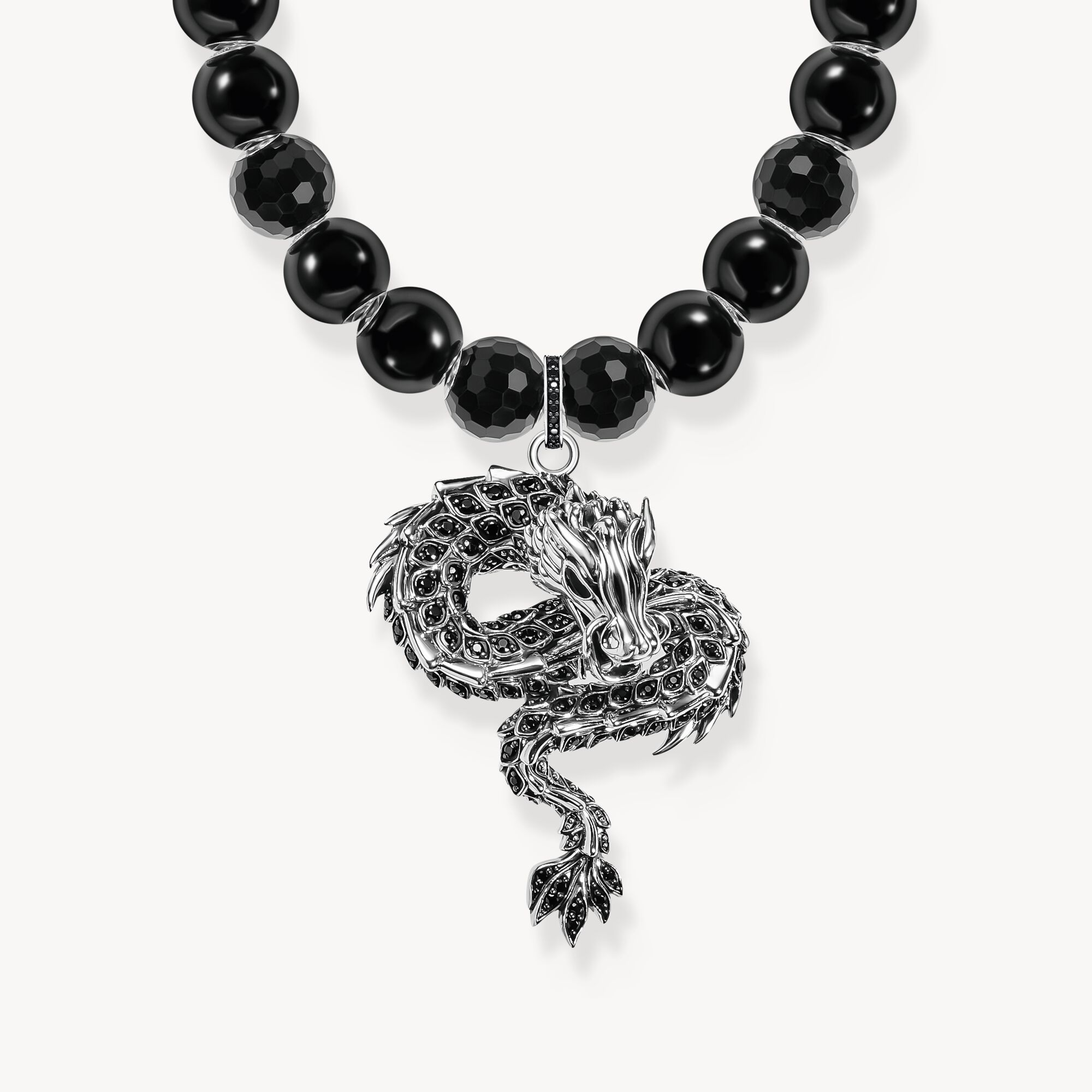 Silver blackened necklace, obsidian beads with dragon pendant