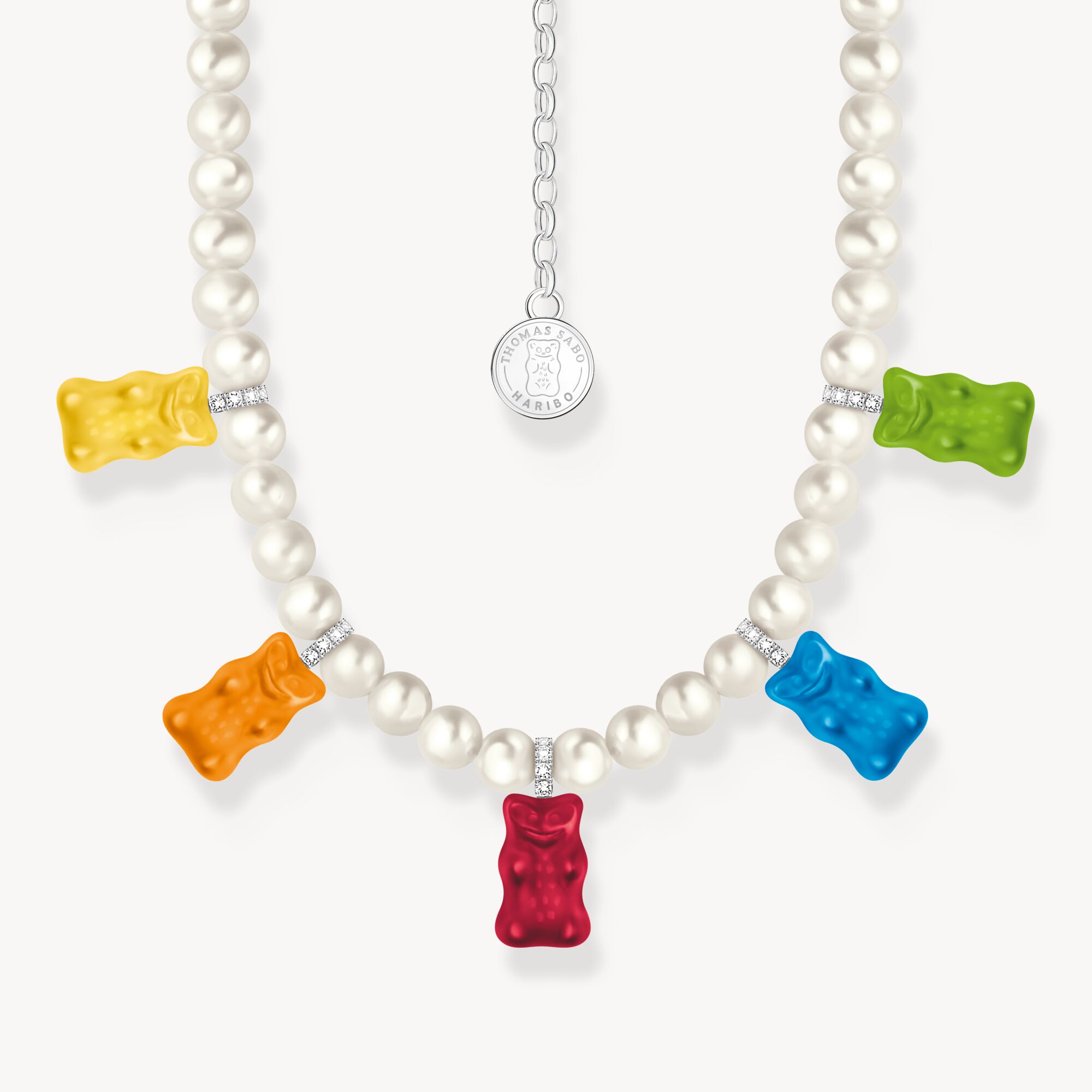 Silver pearl necklace with 5 colourful goldbears