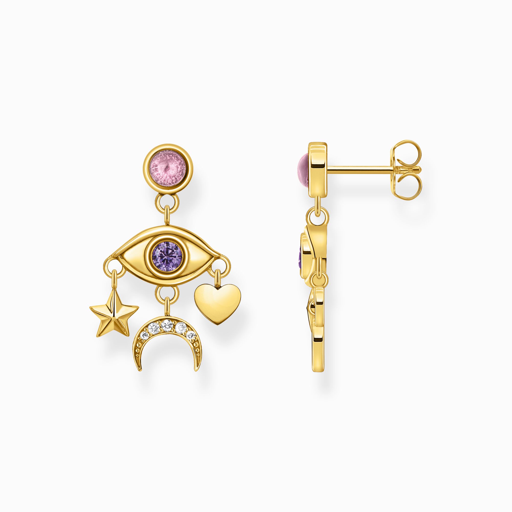Yellow-gold plated earrings with stylised eye and various stones from the  collection in the THOMAS SABO online store