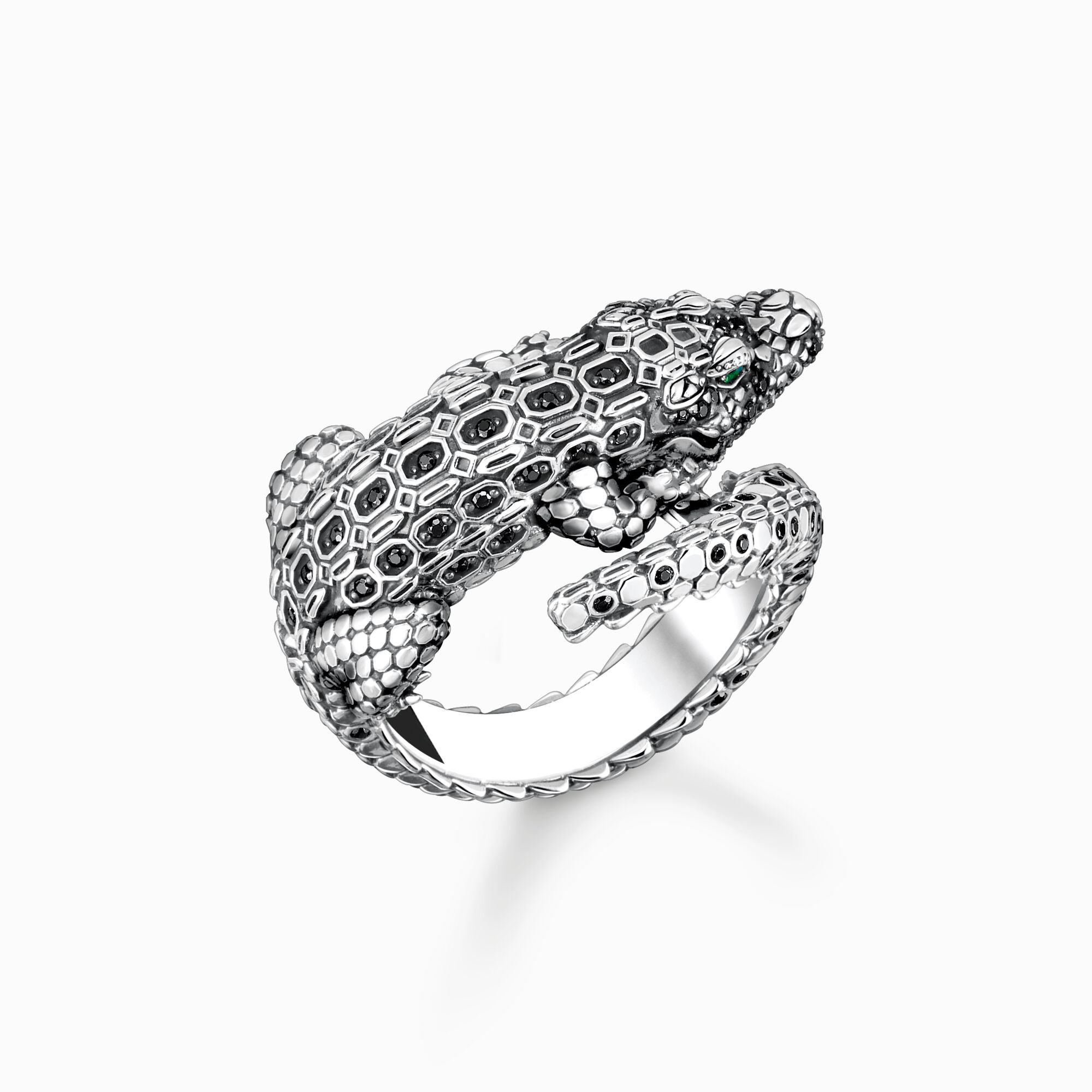 Ring Krokodil mit schwarzen und gr&uuml;nen Steinen Silber geschw&auml;rzt aus der  Kollektion im Online Shop von THOMAS SABO