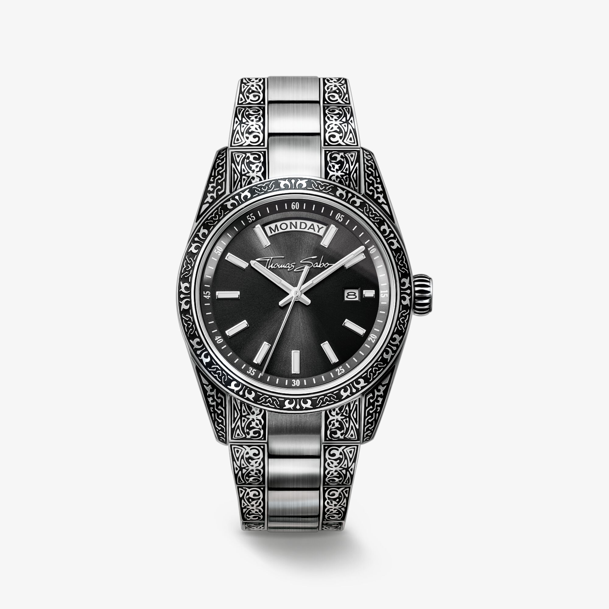 THOMAS SABO Uhr Rebel at Heart Revive, 36 mm Edelstahl, Schwarz, Gravurdesign, Edelstahl, Größe: 36 MM, Unisex
