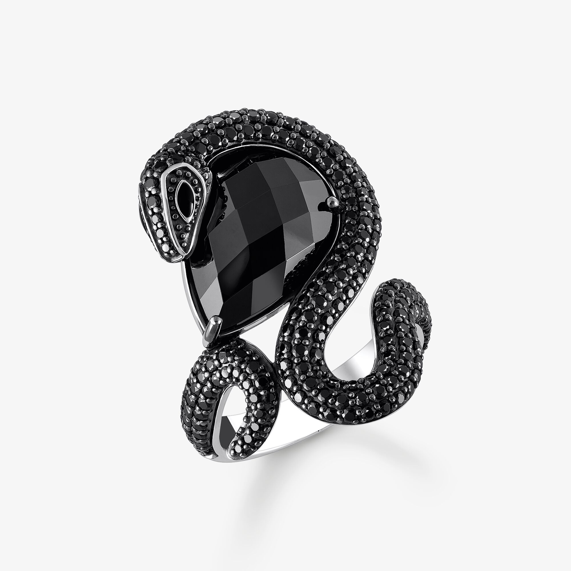THOMAS SABO Bague serpent en argent noirci avec zircon noir en forme de goutte, Argent sterling, Taille: 56, femme