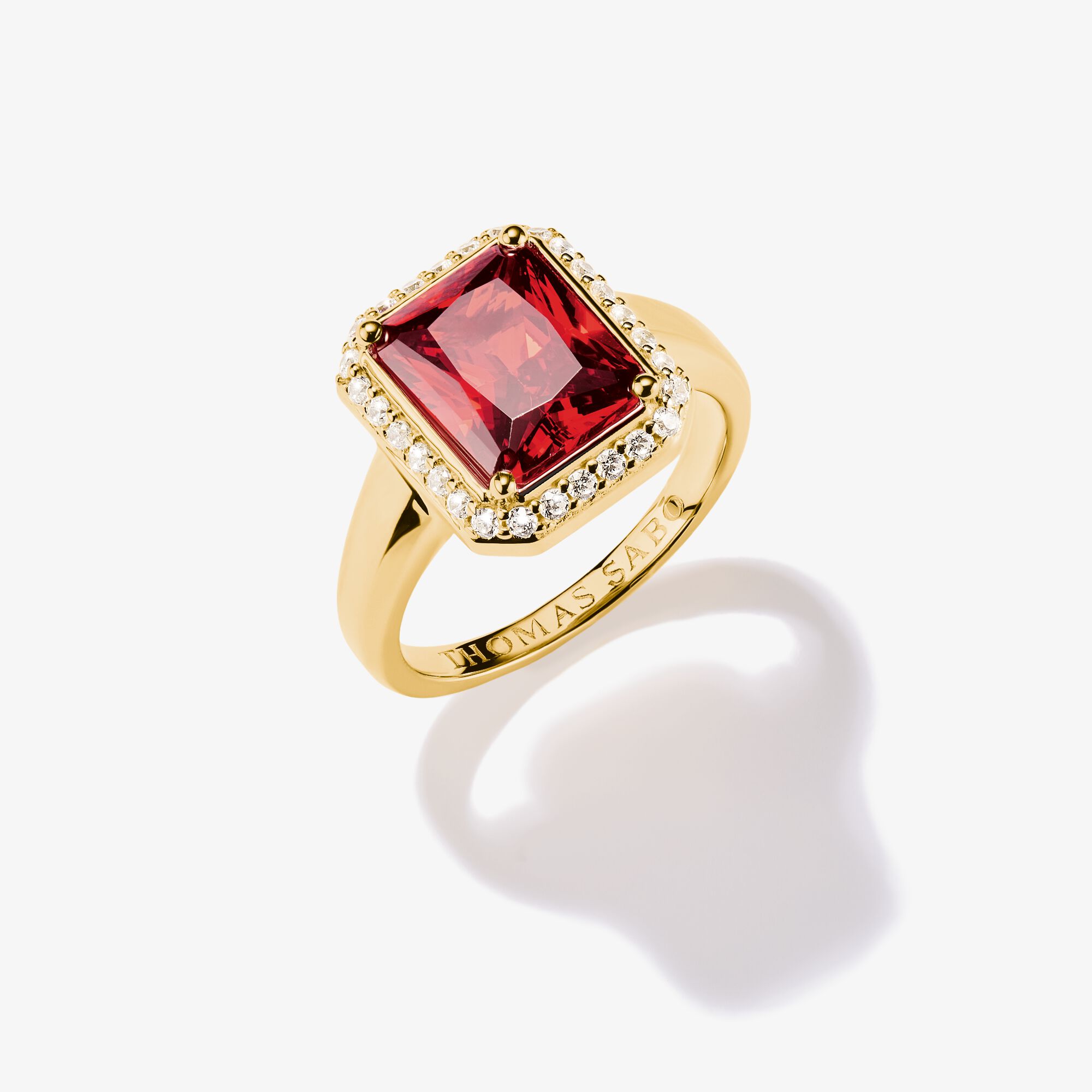 THOMAS SABO Bague avec pierre octogonale rouge Plaqué or 18 carats, Argent sterling doré or jaune, Taille: 58, femme