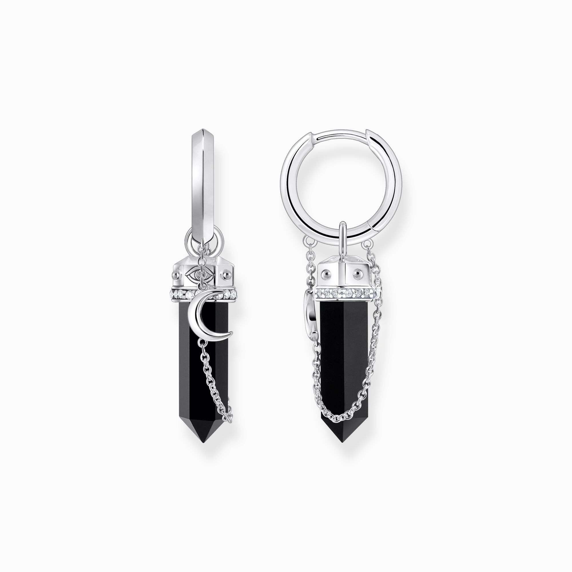 Silver hoop earrings with onyx in hexagon-shape and small chain from the  collection in the THOMAS SABO online store