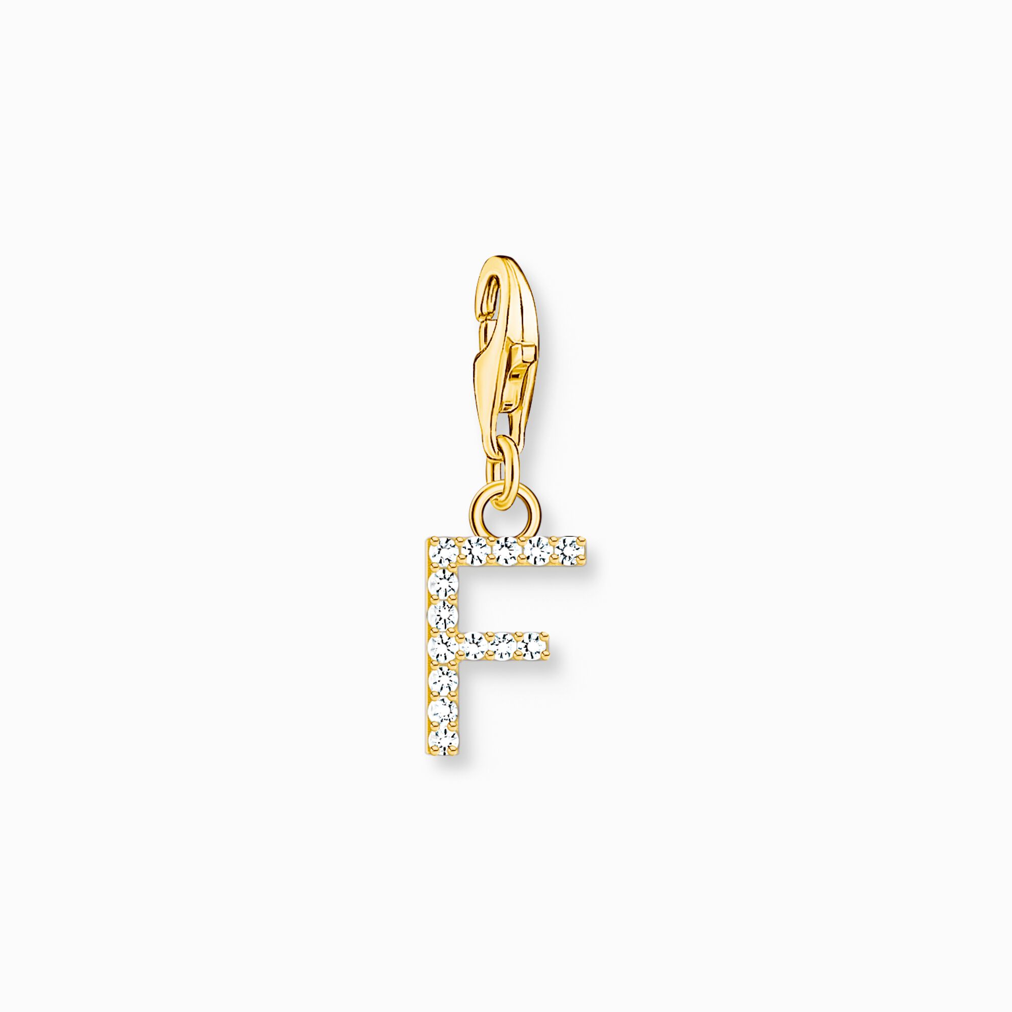 Charm pendant letter F with white stones gold plated from the Charm Club collection in the THOMAS SABO online store