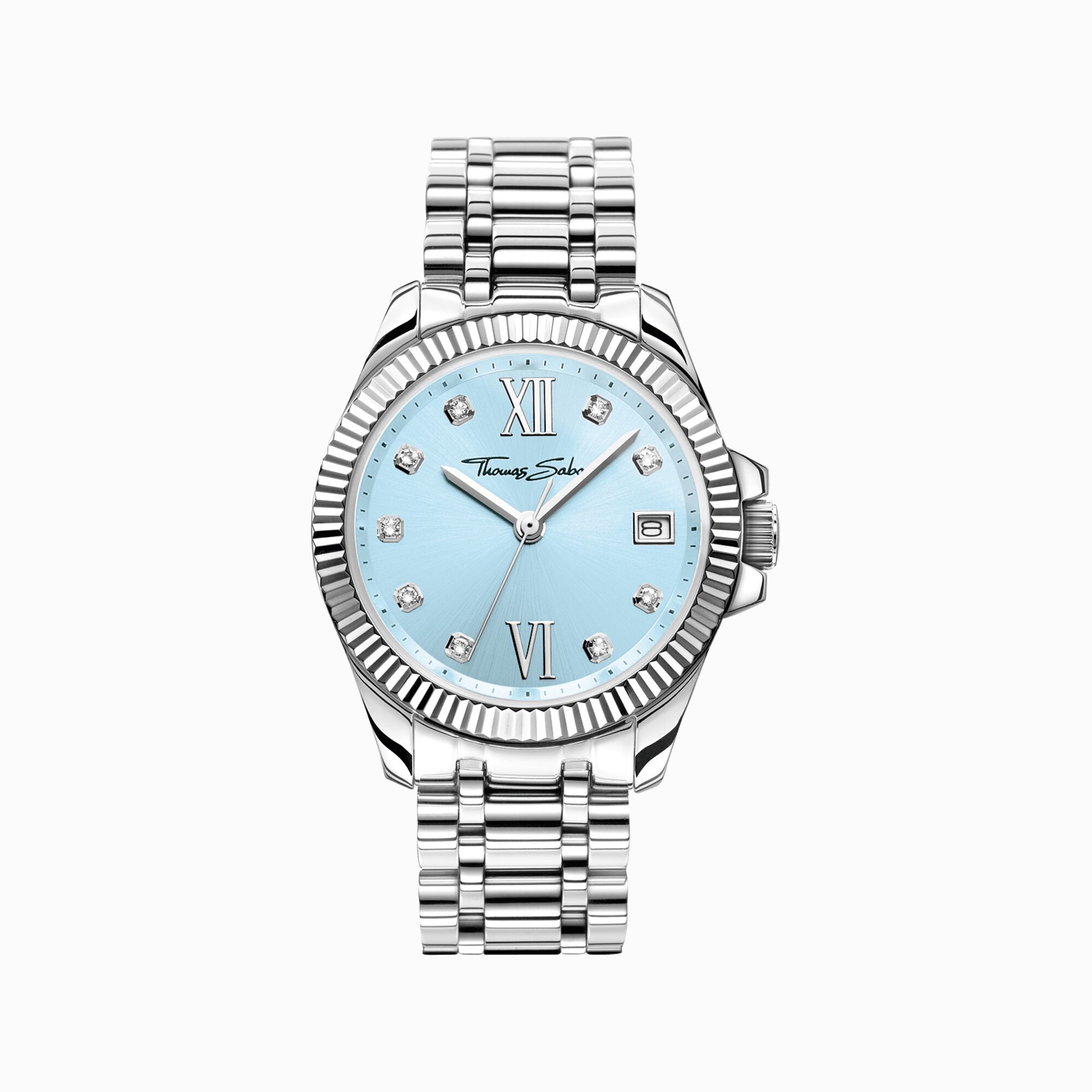 Ladies\' watch Divine Blue with light blue dial and white stones silver |  THOMAS SABO