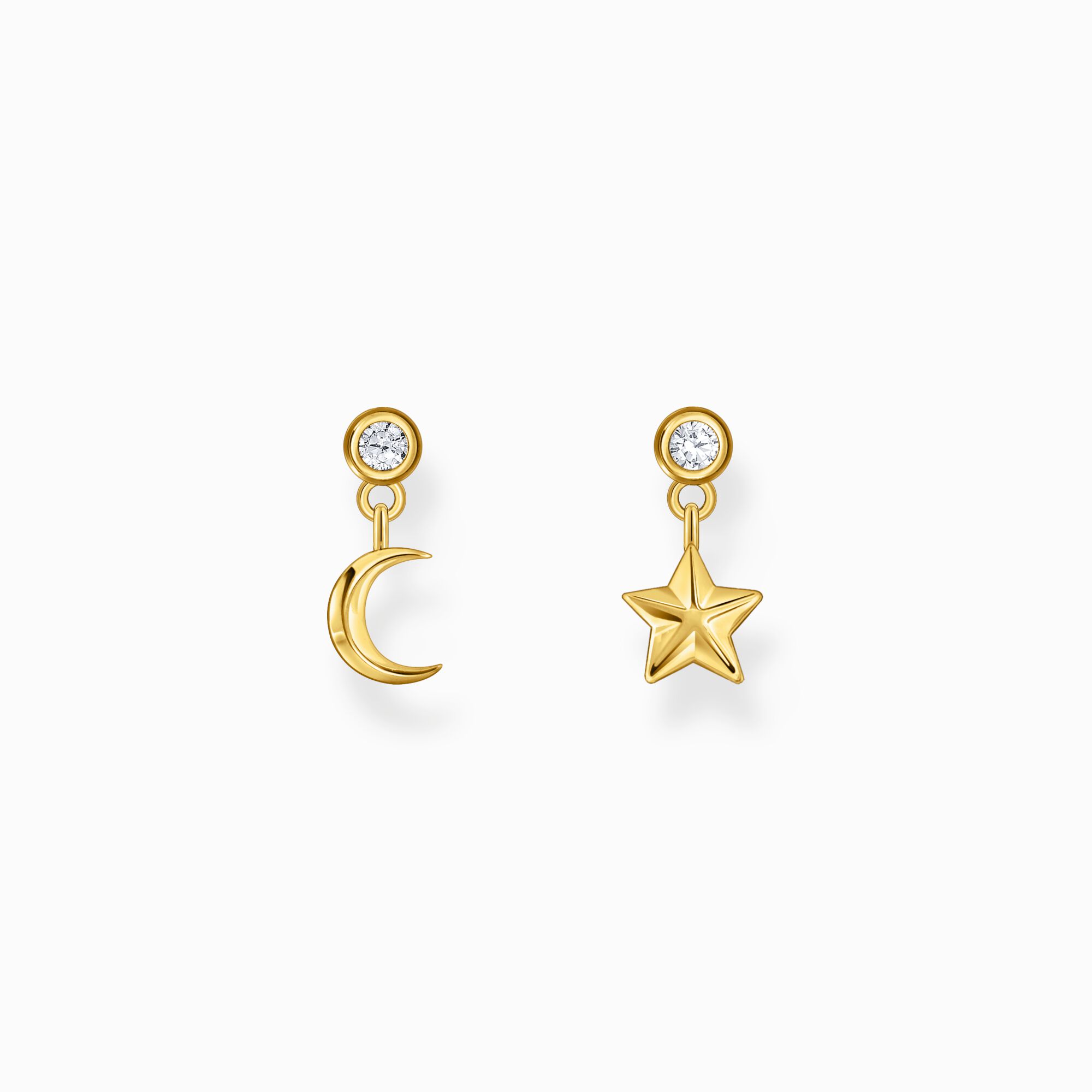 Clous d&rsquo;oreilles avec pendentif lune et &eacute;toile et gemmes blanches, dor&eacute;s de la collection  dans la boutique en ligne de THOMAS SABO
