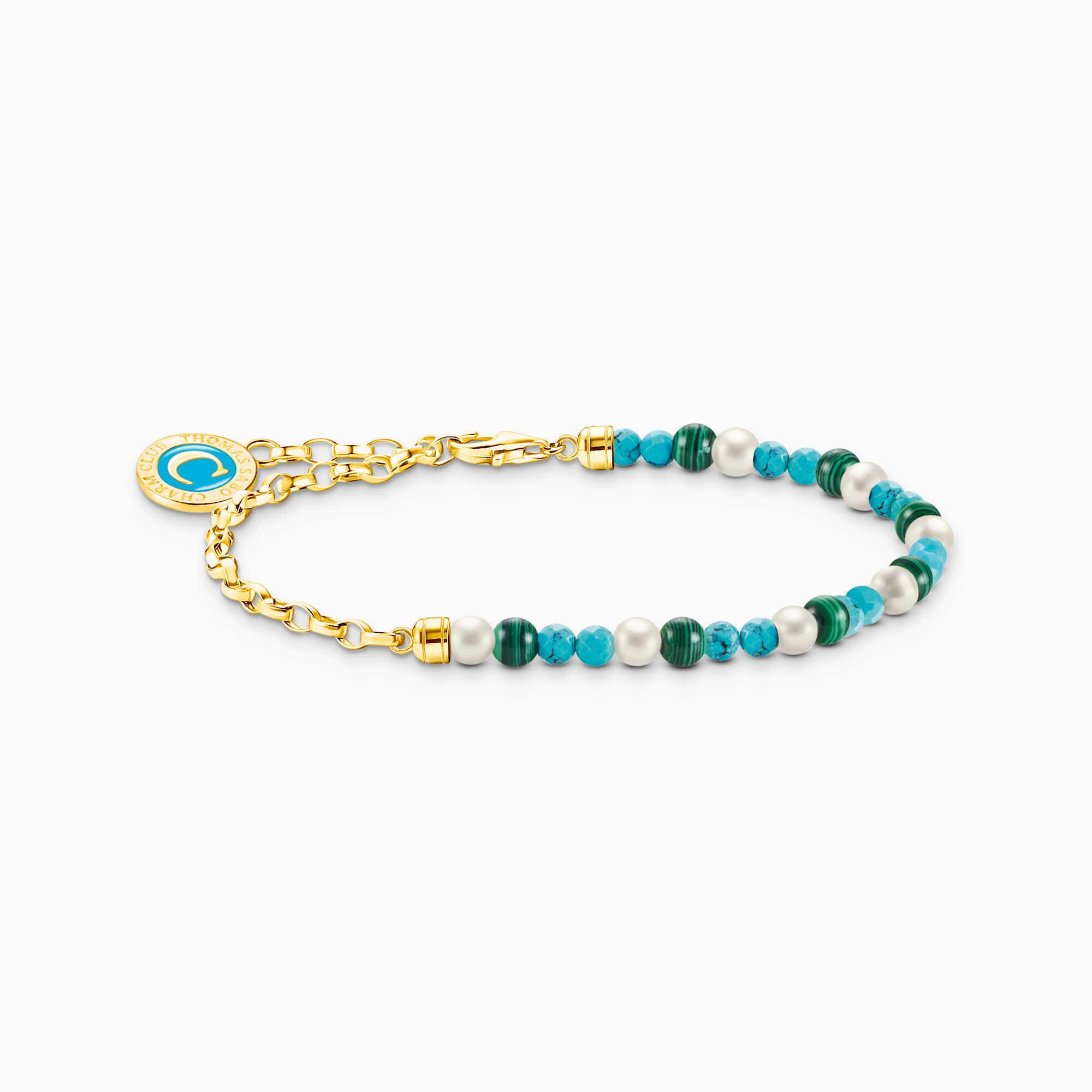 Member Charm bracelet with white pearls, malachite and Charmista disc gold plated from the Charm Club collection in the THOMAS SABO online store