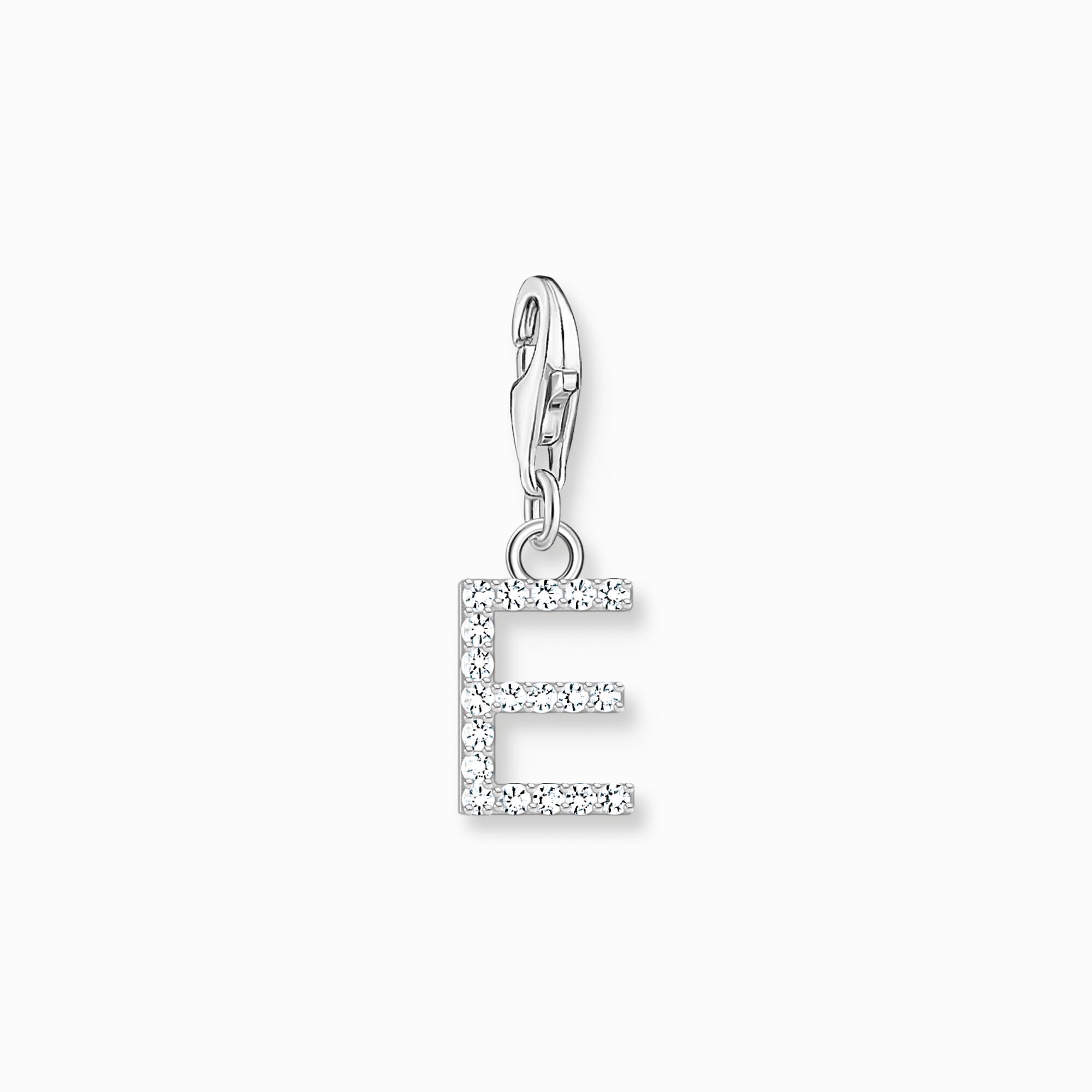 Charm-h&auml;ngsmycke bokstaven E med vita stenar silver ur kollektionen Charm Club i THOMAS SABO:s onlineshop
