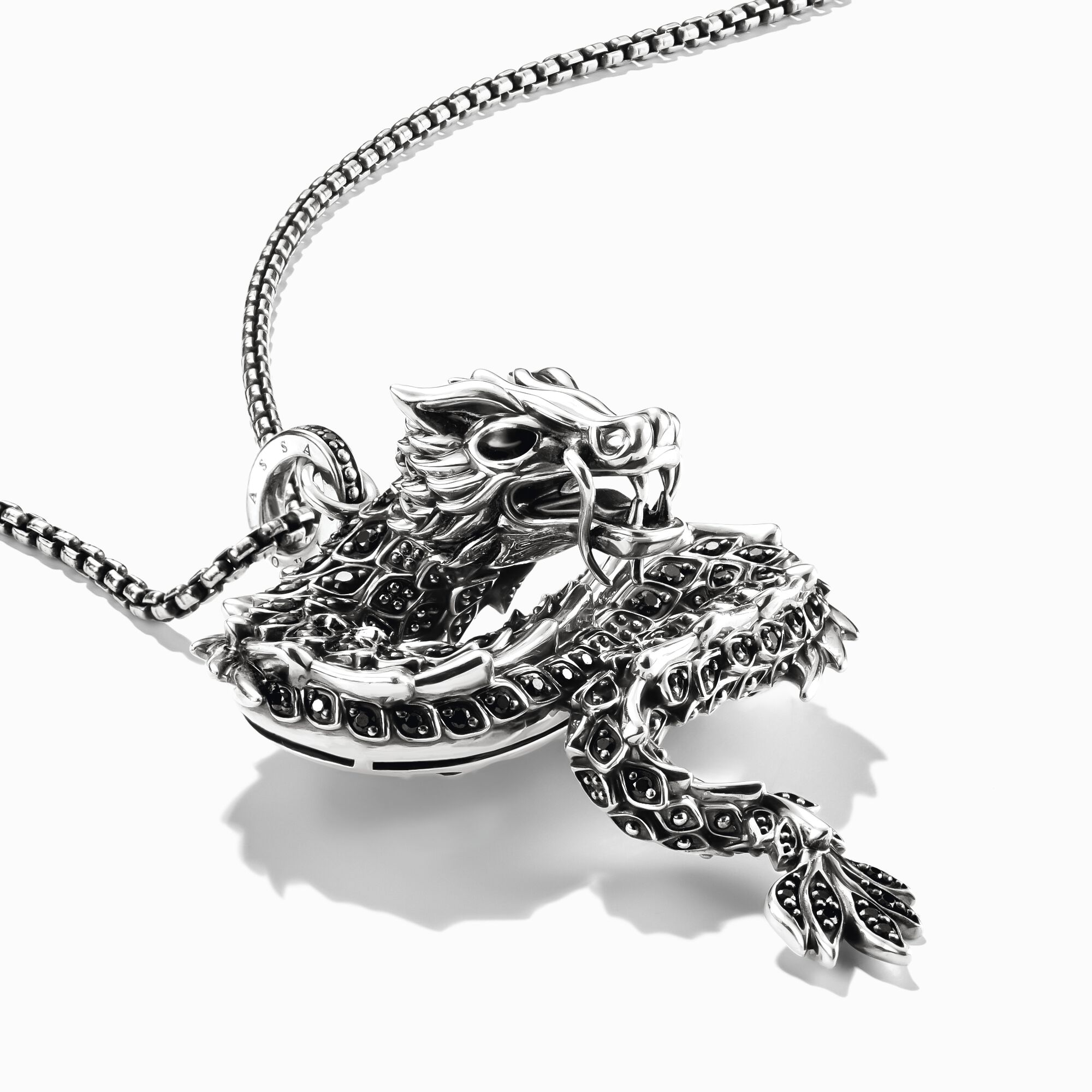 Silver blackened dragon pendant with black zirconia & cold enamel 