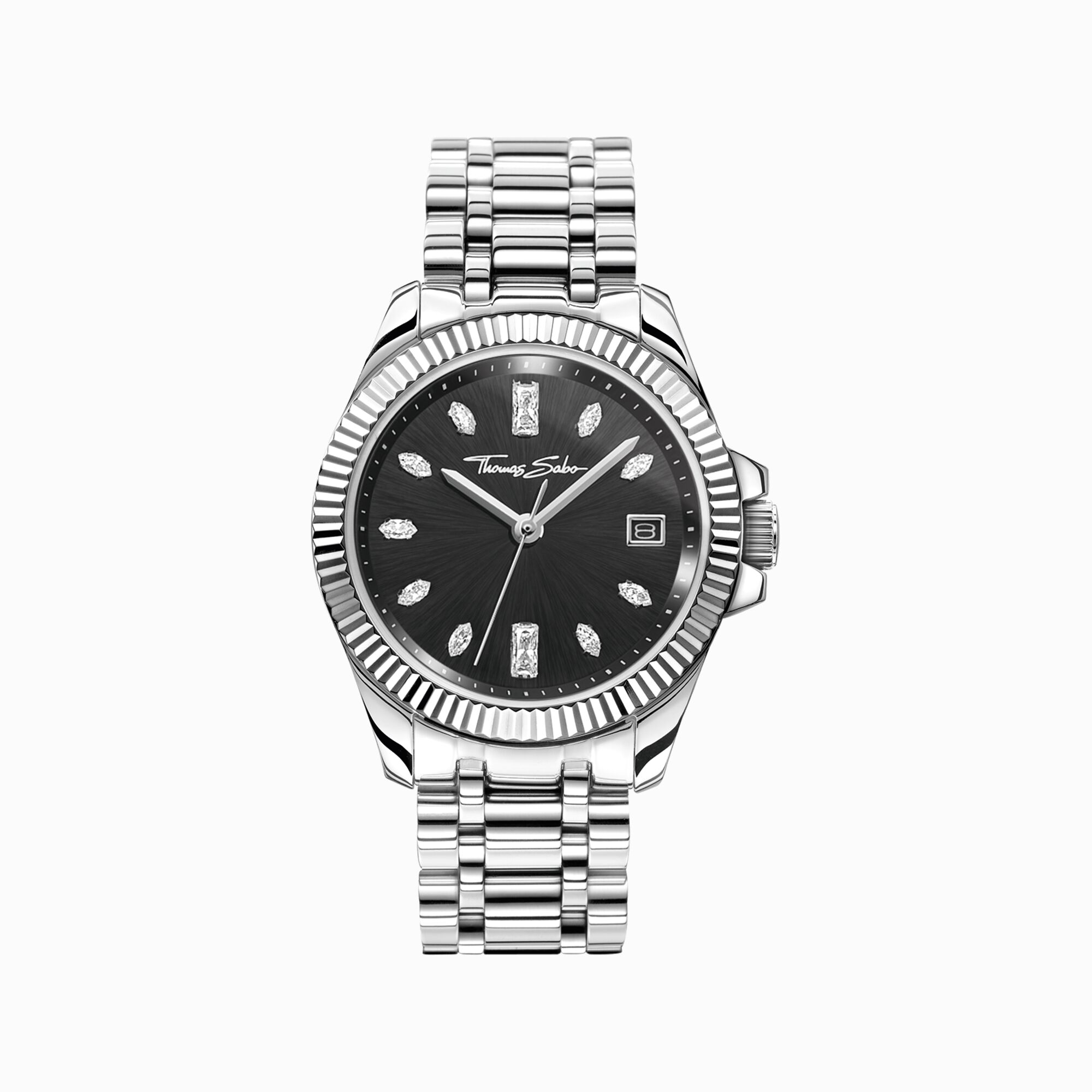 Ladies&#39; watch Divine Silver with black dial and white stones silver from the  collection in the THOMAS SABO online store