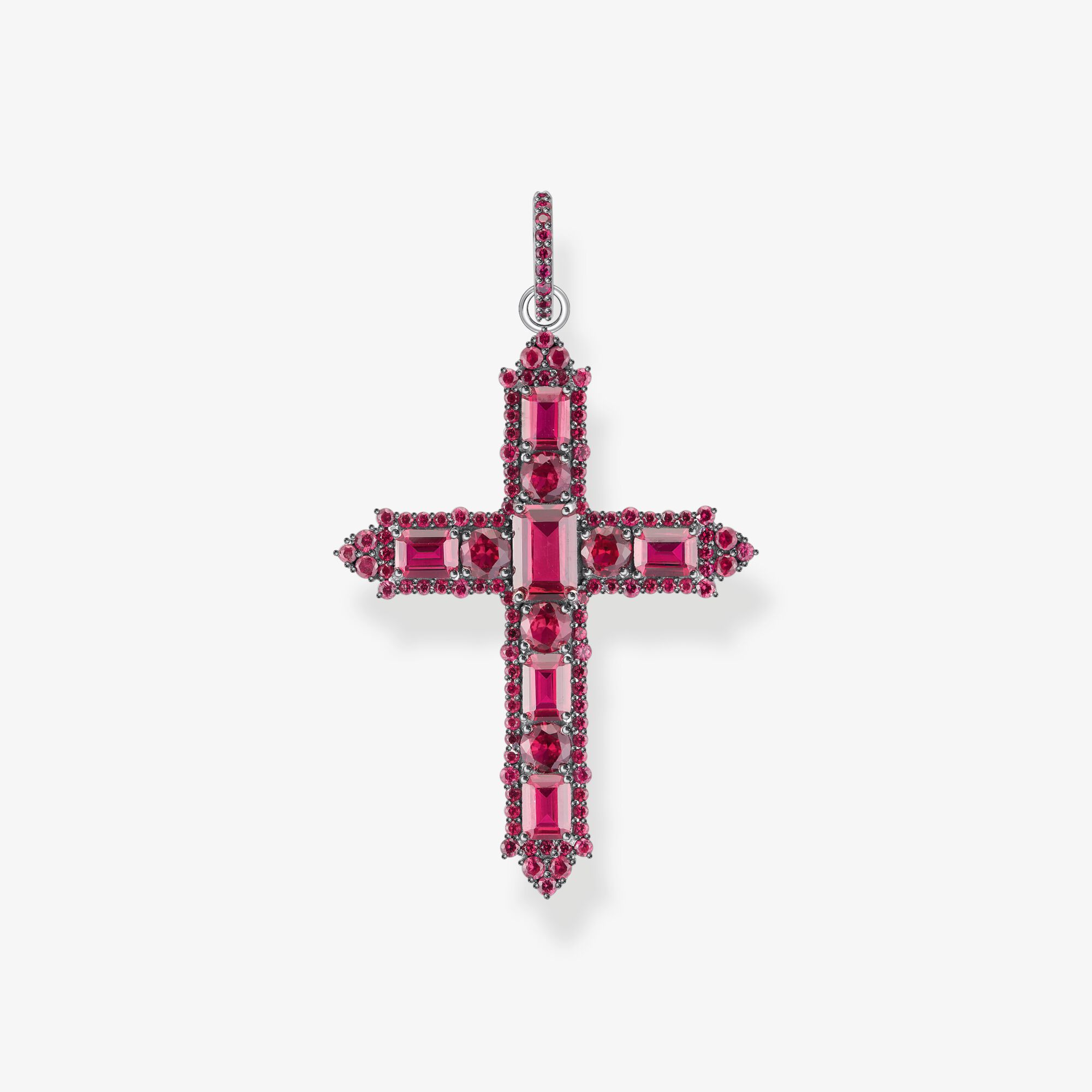 THOMAS SABO Pendentif croix en argent noirci avec pierres rouges rubis, Argent sterling, Taille: one size, femme