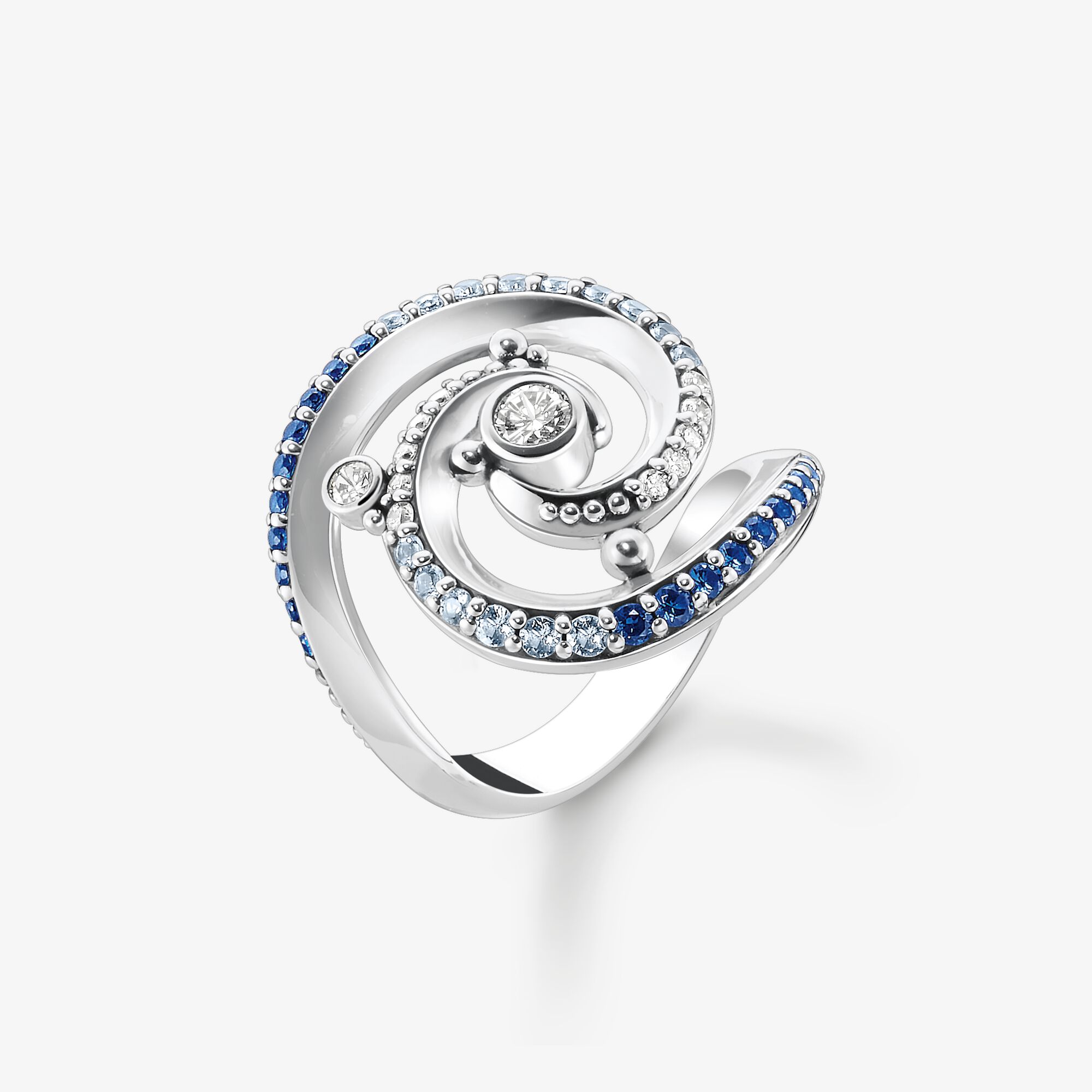 THOMAS SABO Ring Welle mit blauen Steinen, Sterlingsilber, Größe: 54, Damen