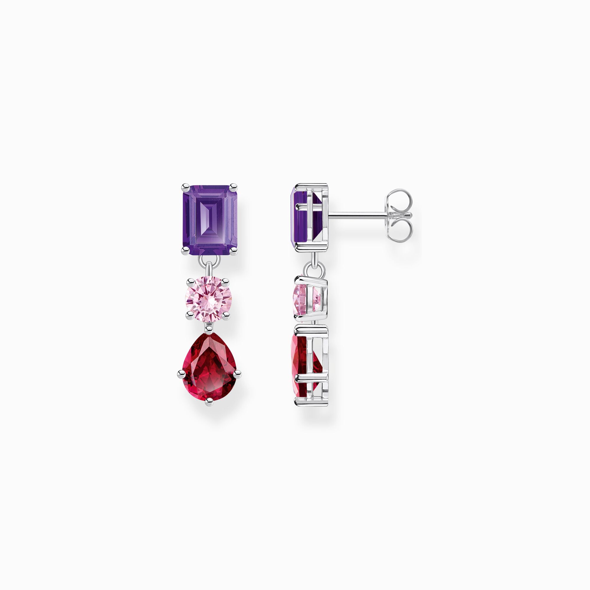 Pendants d&rsquo;oreilles avec trois pierres rouge, rose et violet argent de la collection  dans la boutique en ligne de THOMAS SABO