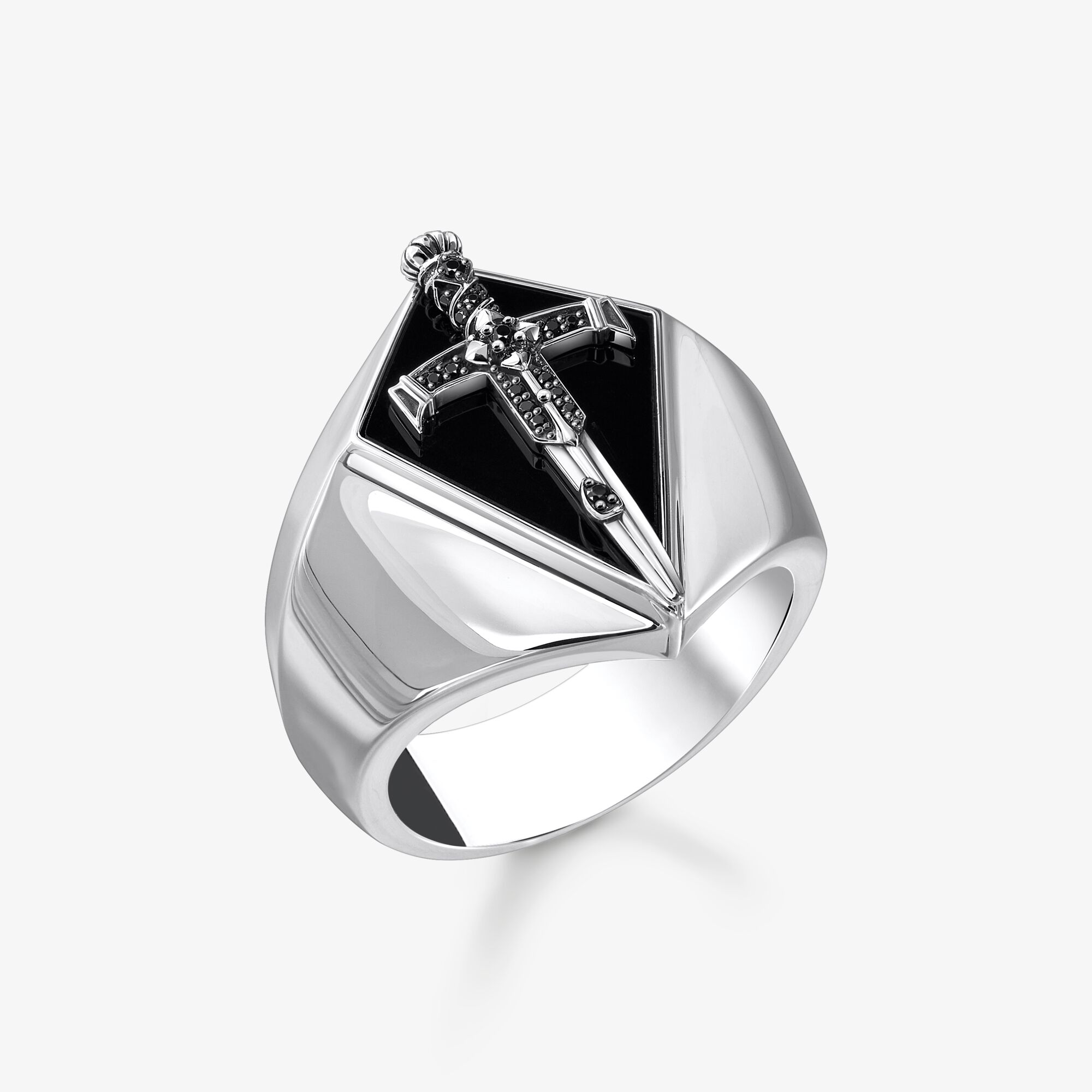 THOMAS SABO Bague chevalière en argent noirci avec zircon noir, Argent sterling, Taille: 64, homme