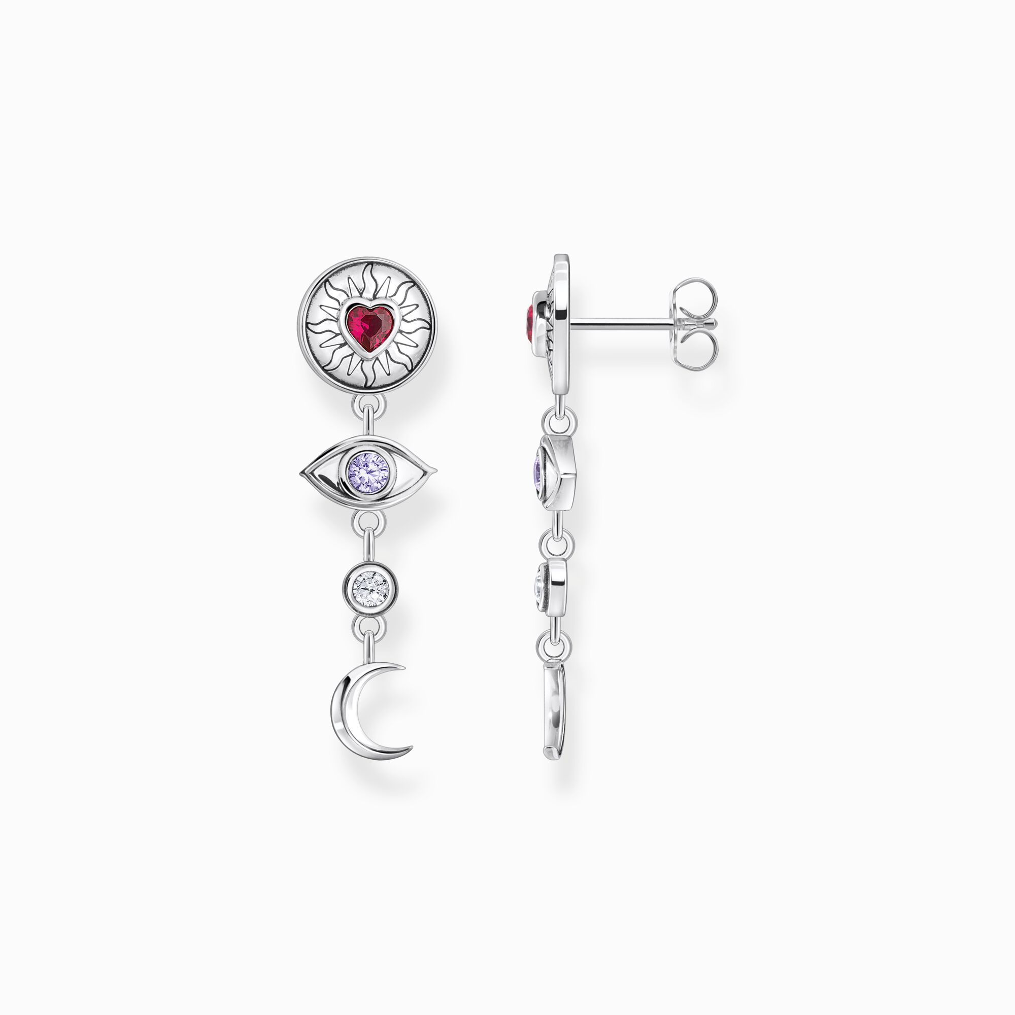 Silver earrings with different 3D symbols and colourful stones from the  collection in the THOMAS SABO online store