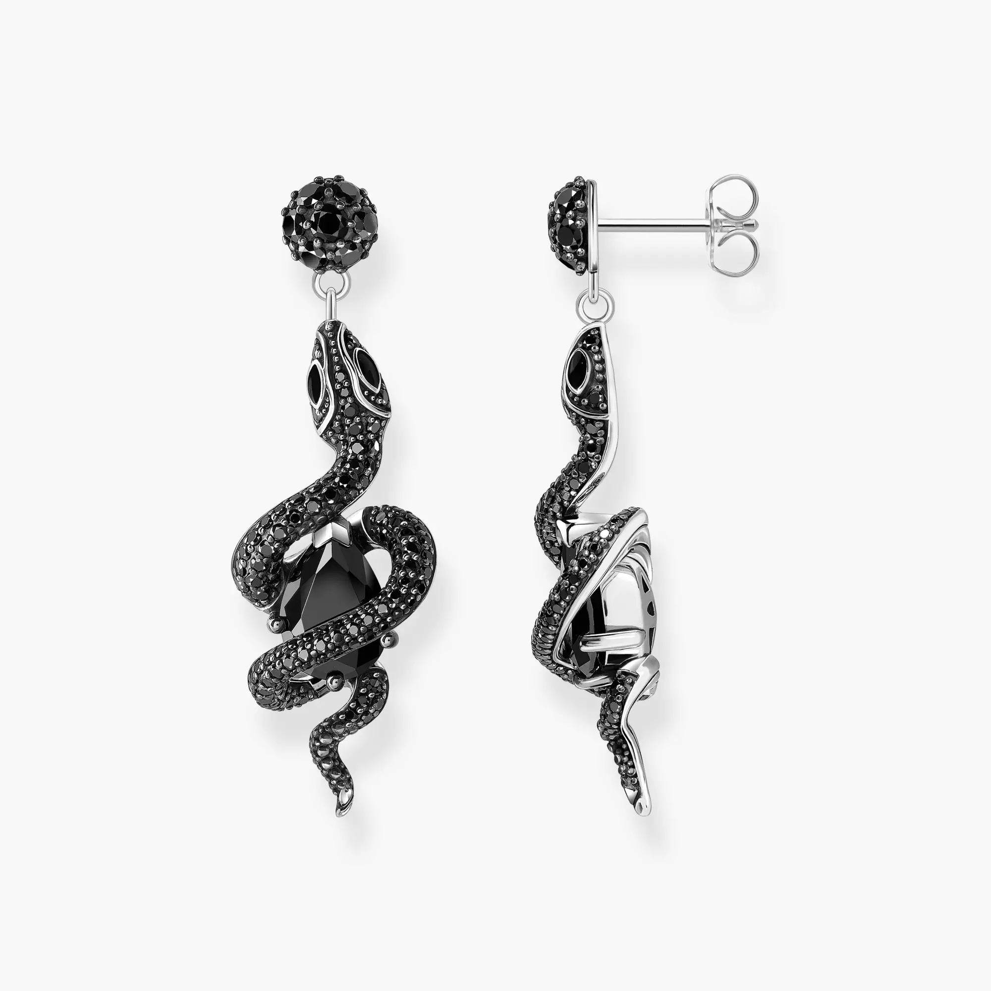 Silver blackened earrings with snake pendant and zirconia | THOMAS