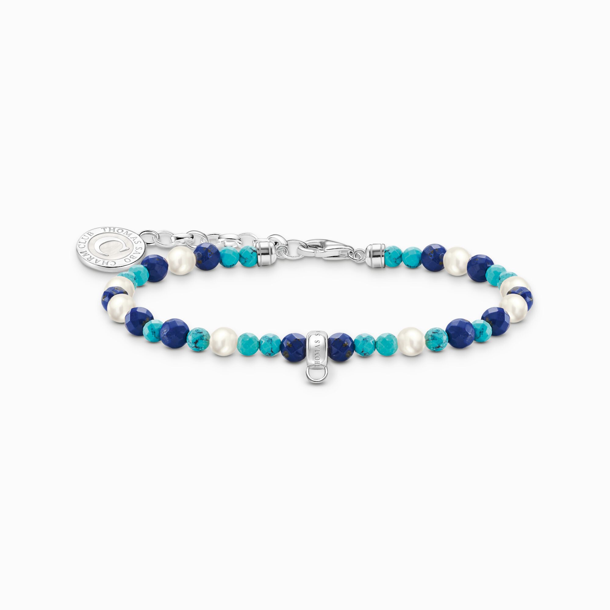 Bracelet &agrave; Charms Membre, perles blanches, Beads bleues et argent de la collection Charm Club dans la boutique en ligne de THOMAS SABO