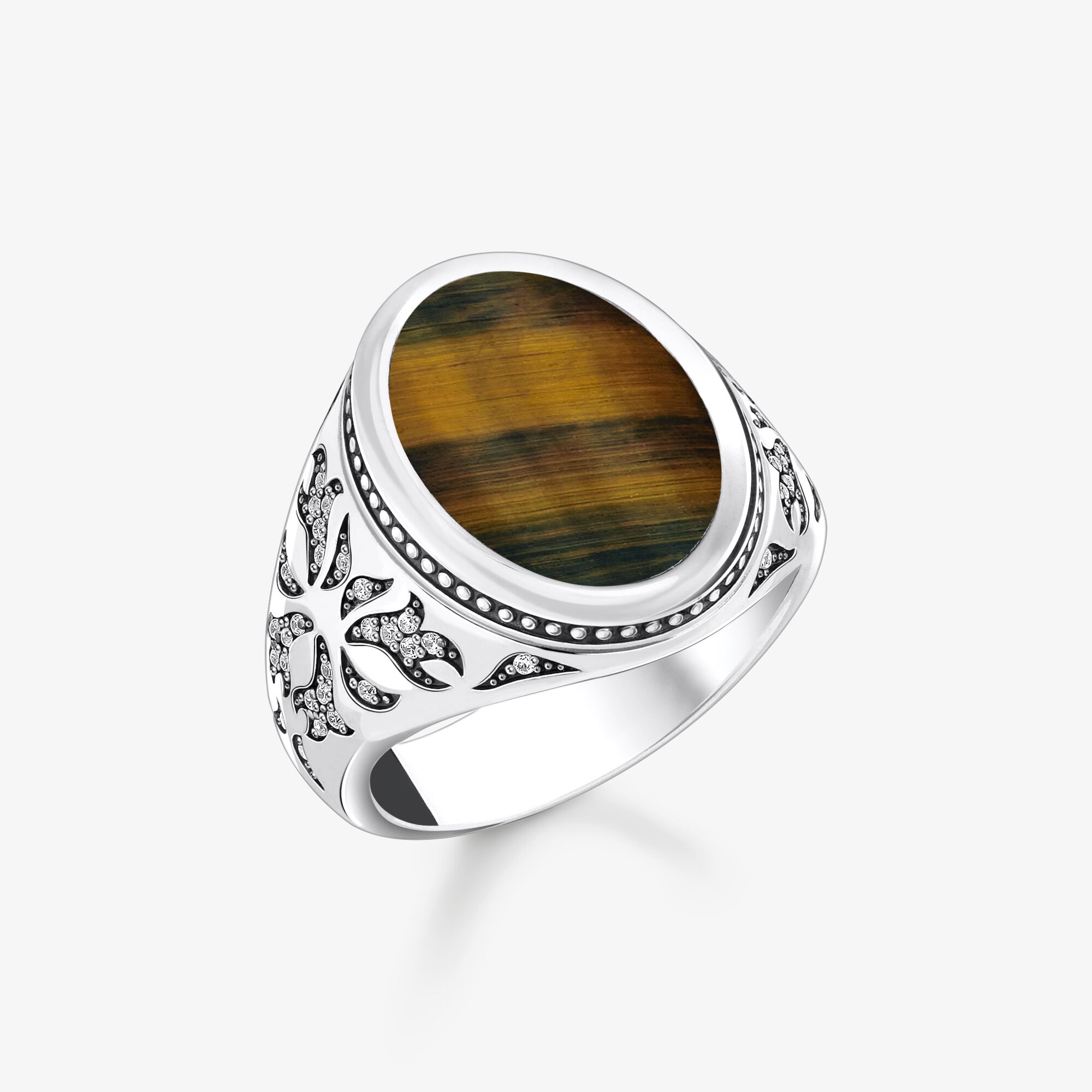 THOMAS SABO Chevalière sertie d’œil de tigre bleu et or, argent noirci Argent Sterling noirci, Taille: 54, Unisex