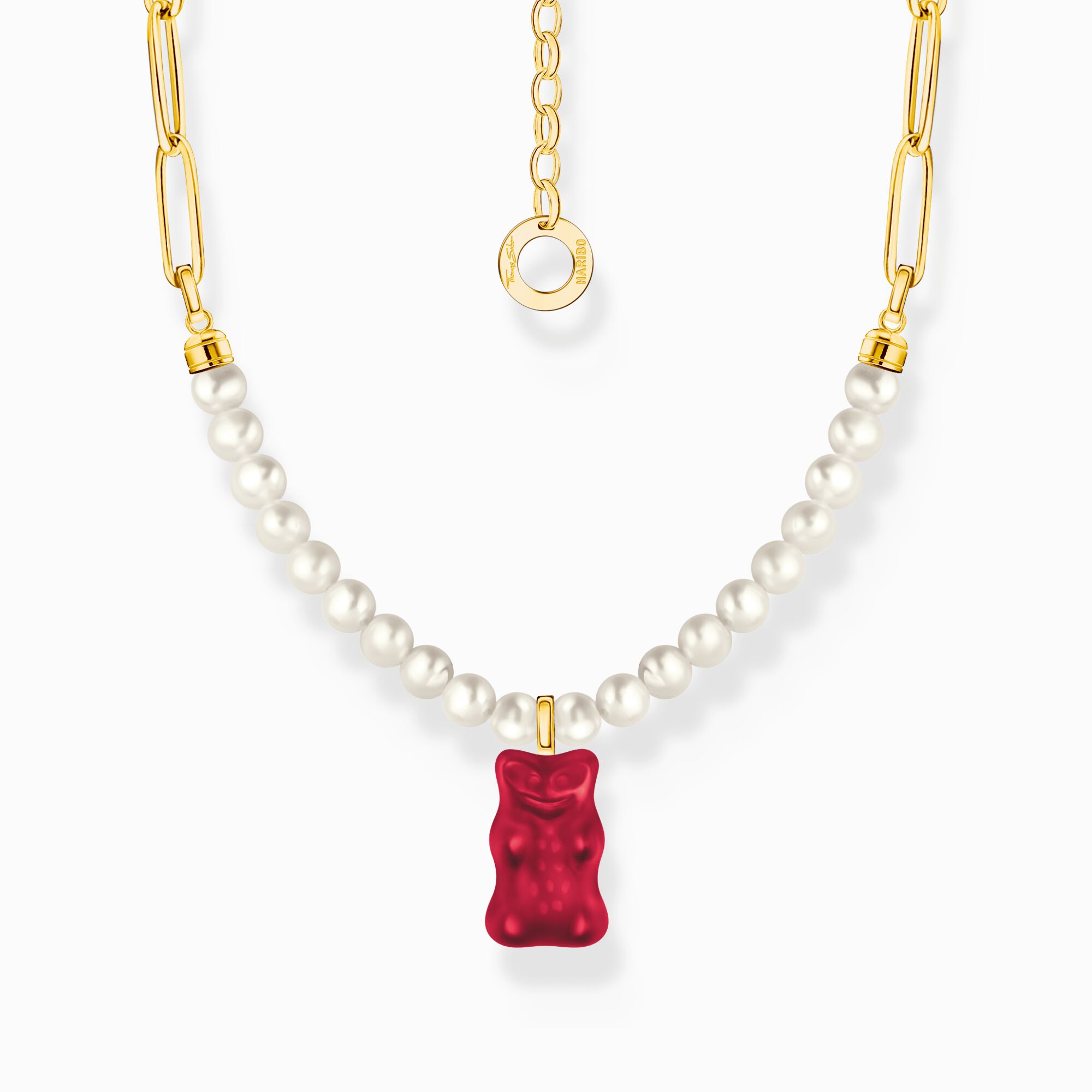 Cadena de eslabones con ba&ntilde;o de oro, colgante de Osito de Oro rojo y perlas de la colección Charming Collection en la tienda online de THOMAS SABO