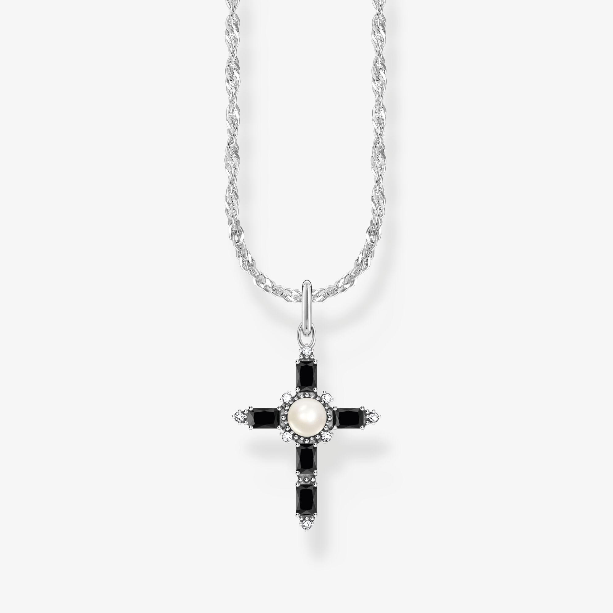 THOMAS SABO Chaîne avec pendentif croix noire Cross Romance Argent, Argent sterling, Taille: 45 cm, femme