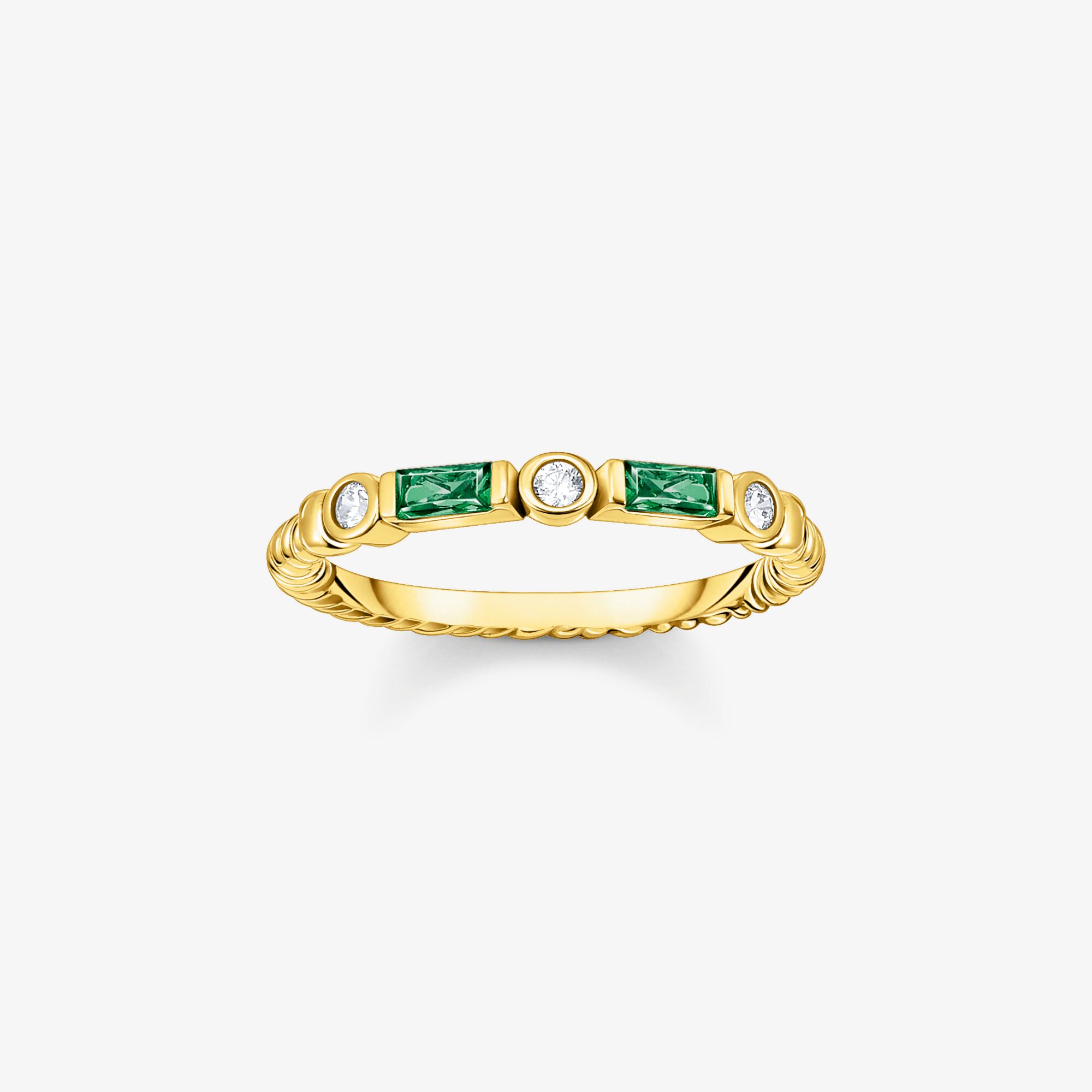 THOMAS SABO Bague ruban maille corde avec pierres verte et blanches plaqué or, Argent sterling doré or jaune, Taille: 56, femme